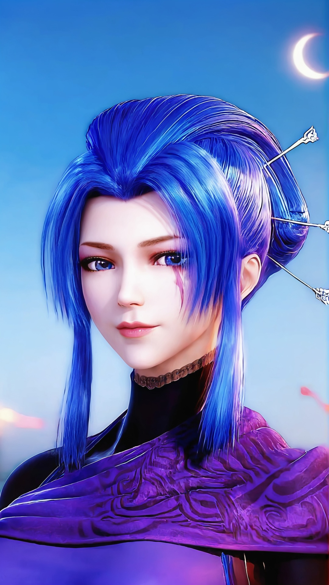 The image is a close-up portrait of a young woman with blue hair. She has a serious expression on her face and is looking directly at the camera. Her hair is styled in a high ponytail with multiple strands of blue hair framing her face. She is wearing a purple outfit with intricate patterns and designs on it. The background is a blue sky with white clouds and a crescent moon. The overall mood of the image is dark and mysterious..,<lora:pony紫女:0.8>,