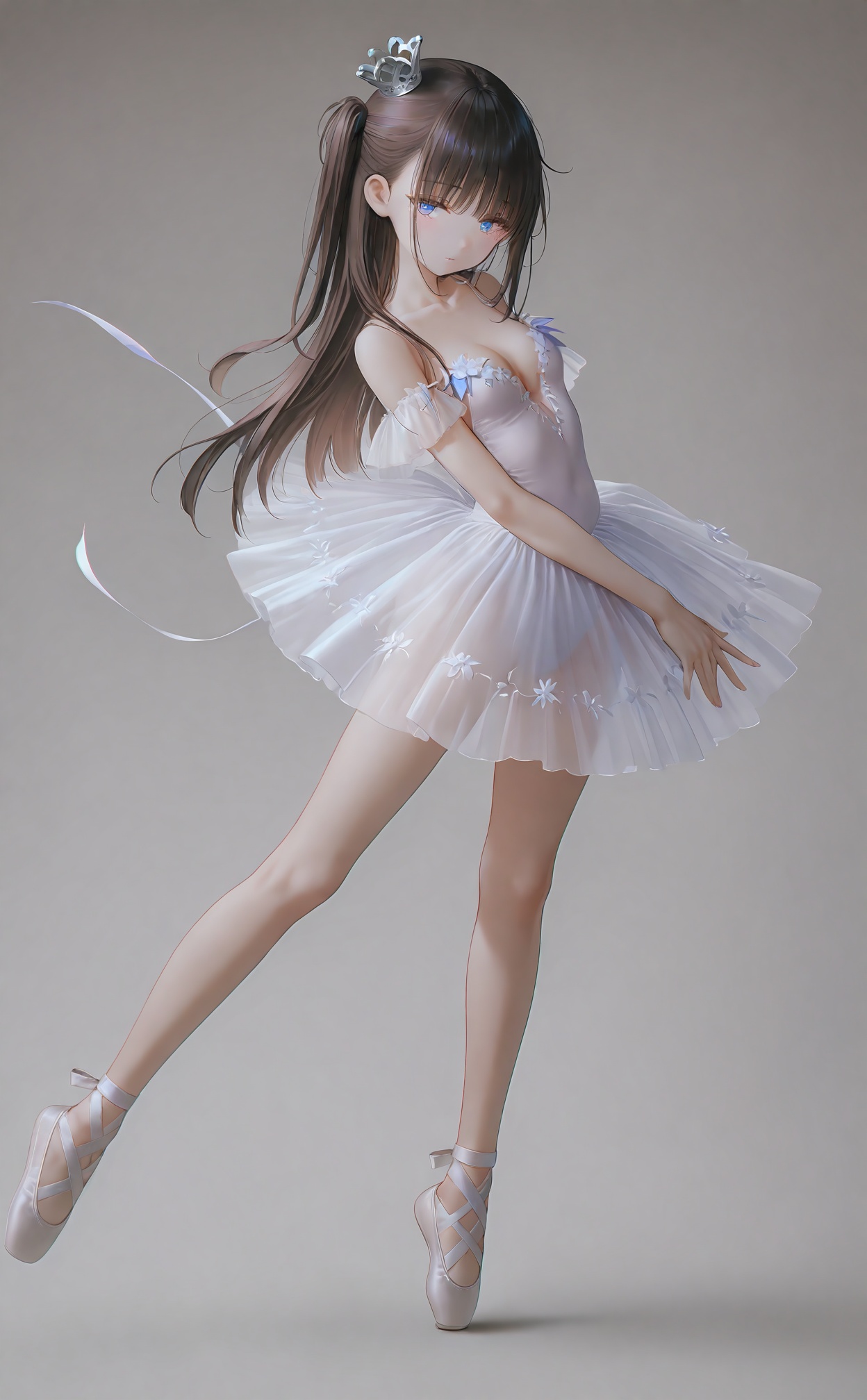 masterpiece,absurdres,best quality,(high quality:0.9),chromatic_aberration,White Theme,//,1girl,tutu,ballerina,solo,breasts,ballet slippers,brown hair,ballet,crown,athletic leotard,looking at viewer,leotard,bare shoulders,collarbone,full body,arched back,see-through,cleavage,mini crown,bangs,small breasts,dress,hair ornament,one side up,blue eyes,simple background,purple eyes,long hair,//,photorealistic,Artist:na-ga,(quasarcake:0.2),(wanke:0.9),[Artist:chen bin],Artist:tidsean,[Artist:sk (askzy)],(artist:tokkyu:0.5),(artist:momoko (momopoco):0.5),Artist:himitsu_(hi_mi_tsu_2),//,//,<lora:nyalia2——【noob】hans:0.5>,<lora:shaoyan2——【noob】hans:0.4>,<lora:PVC5——【noob】hans:0.4>,