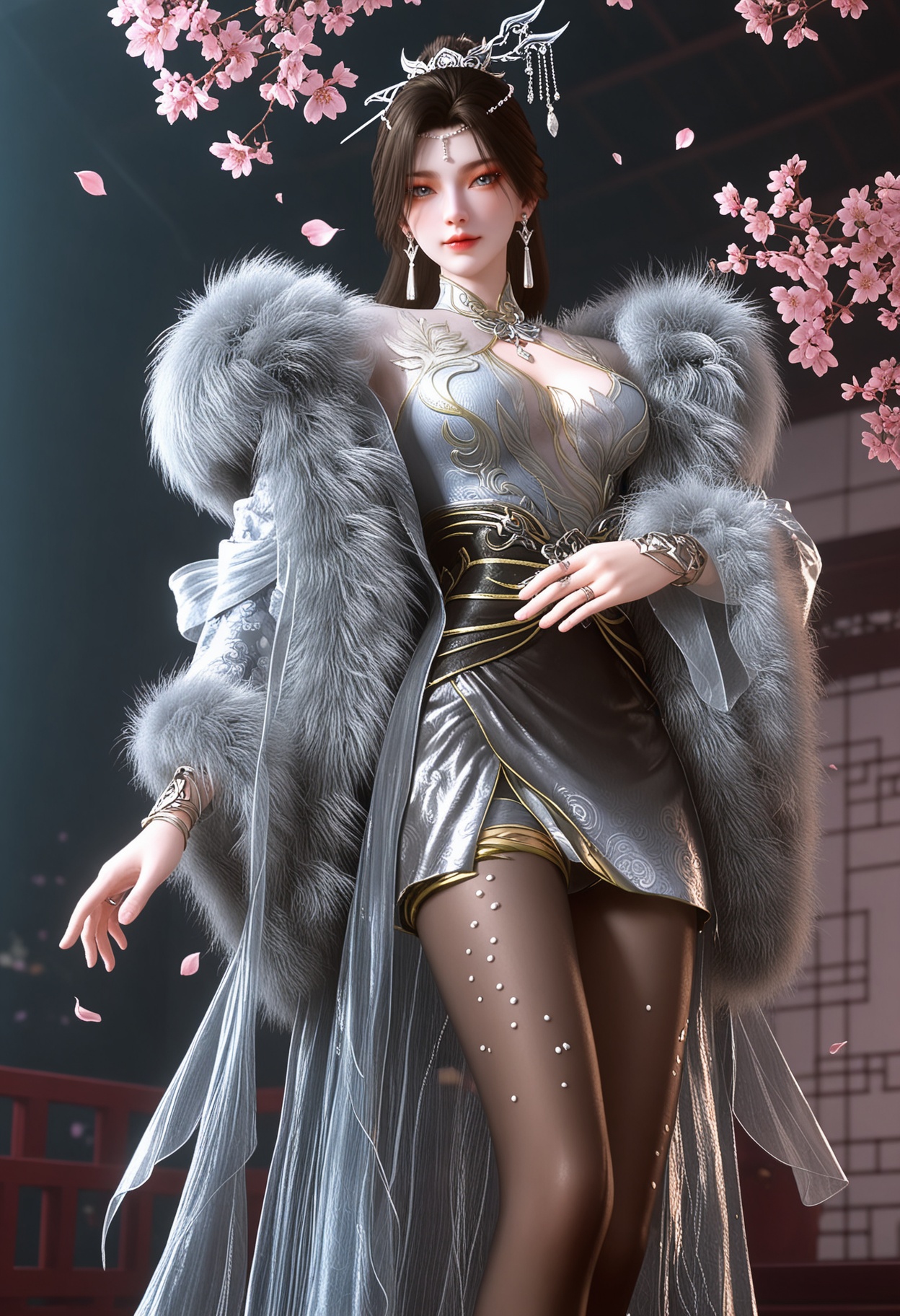 (cowboy shot:1.2),looking at viewer:1.1,masterpiece,(best quality),smog,Dark room,dim lighting,peach blossom,falling petals,<lora:YQ_Illustrious光辉v5_南宫仙儿_V1:0.8>,q1528437228,1girl,solo,jewelry,earrings,long hair,hair ornament,brown hair,dress,black hair,blue eyes,hair bun,bracelet,pantyhose,white dress,chinese clothes,fur coat,long sleeves,fur trim,black pantyhose,single hair bun,black footwear,high heels,shoes,coat,ponytail,short hair,brown pantyhose,grey eyes,hair stick,ring,