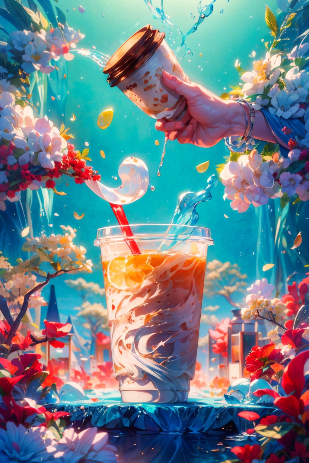 (Masterpiece, high quality, best quality, official art, aesthetics and aesthetics: 1.2),(a girl holding a cup of milk tea), iced milk tea cup, lemon milk tea, red milk tea cup, blue theme, surrealism Dream style, cream organic fluid, ray tracing, foreground occlusion, natural light, OC rendering, studio lighting
