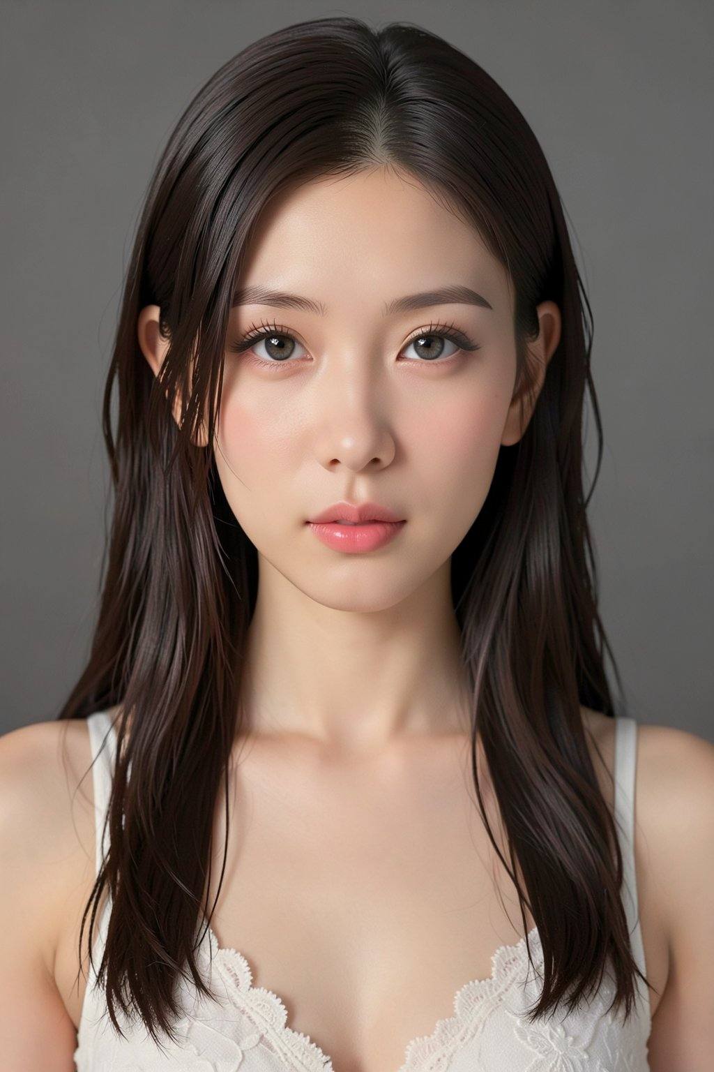 This is a highly detailed,  hyper-realistic digital painting of a young East Asian woman with a fair complexion. The subje...