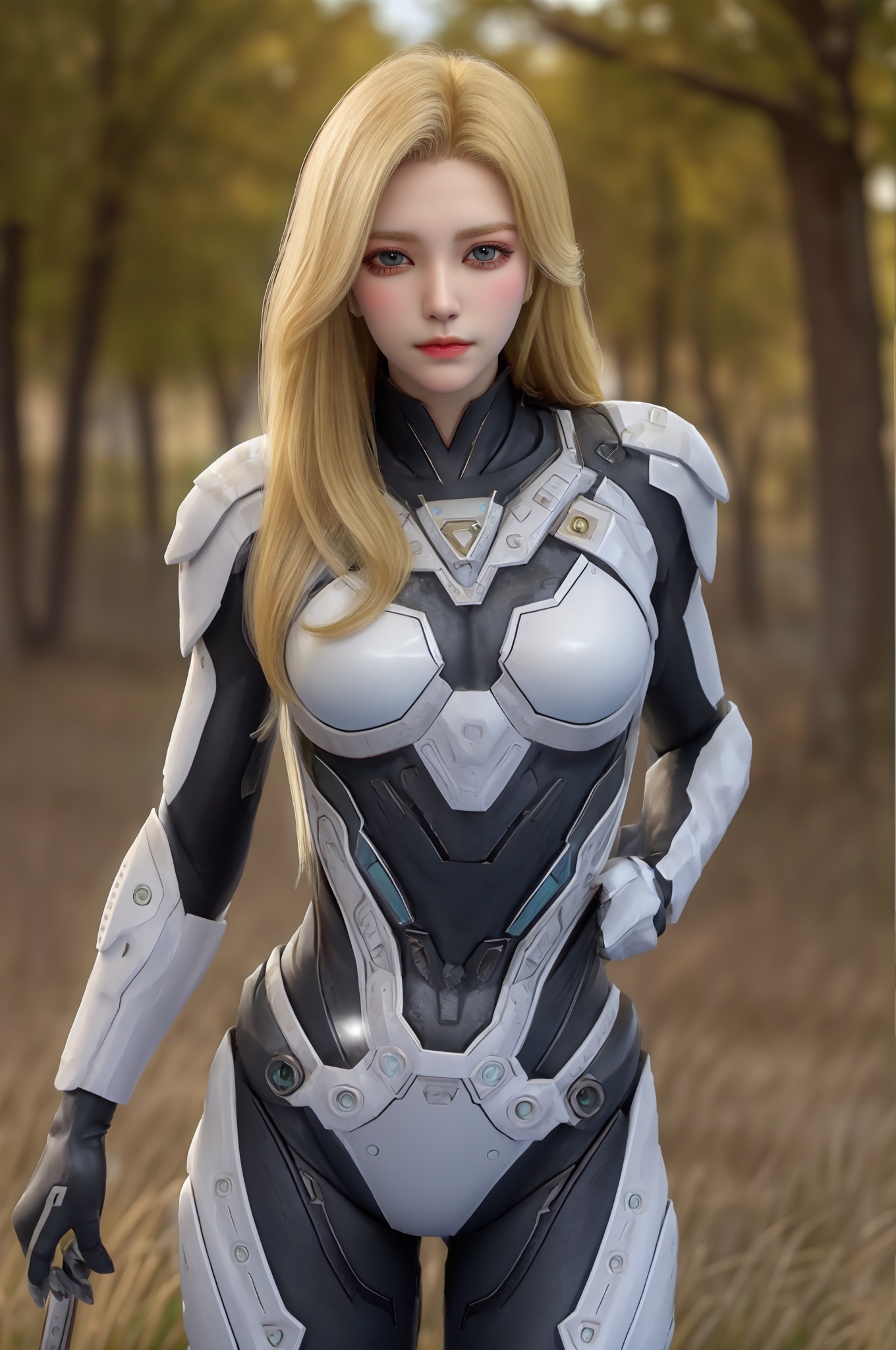 (A woman in a futuristic suit:1.5),(big breasts:1.5),Masterpiece,(best quality),(ultra-detail),(cowboy photo:1.5),masterpiece,realism,(small head:1.4),(blonde hair:1.5),(realism:1.11),HDR,studio lighting,soft light,(eye symmetry and beautiful detail),sparkling eyes,red eye shadow,(long eyelashes),a mature woman,(solo:1.5),(Wild:1.2),smooth white skin,(trees:1.2),grass,(grass:1.2),<lora:守护2号:0.8>,