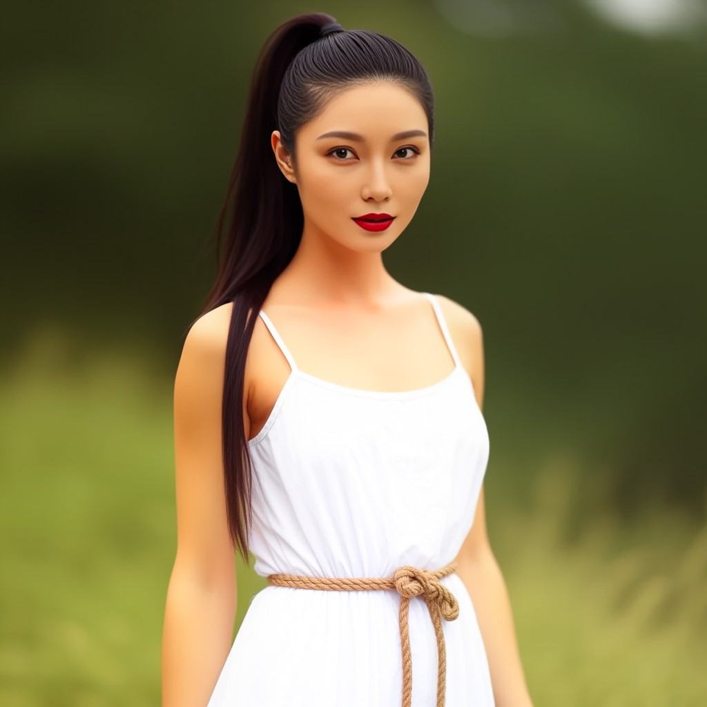 Photograph of an Asian woman with fair skin and long,  dark,  straight hair tied in a high ponytail. She has red lipstick...