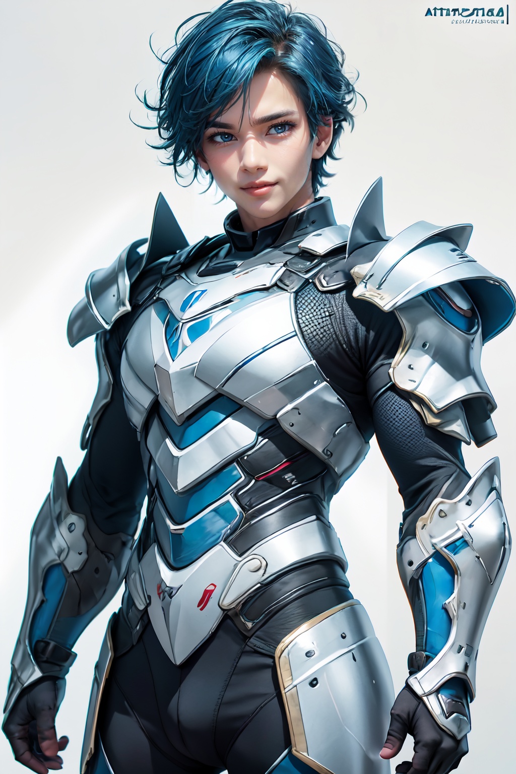 standing,all from head to toe into the lens,full_shot,atai,1boy,armour,smile,<lora:索泰_机甲V1.0-000006>,simple_background,white_background,panorama,