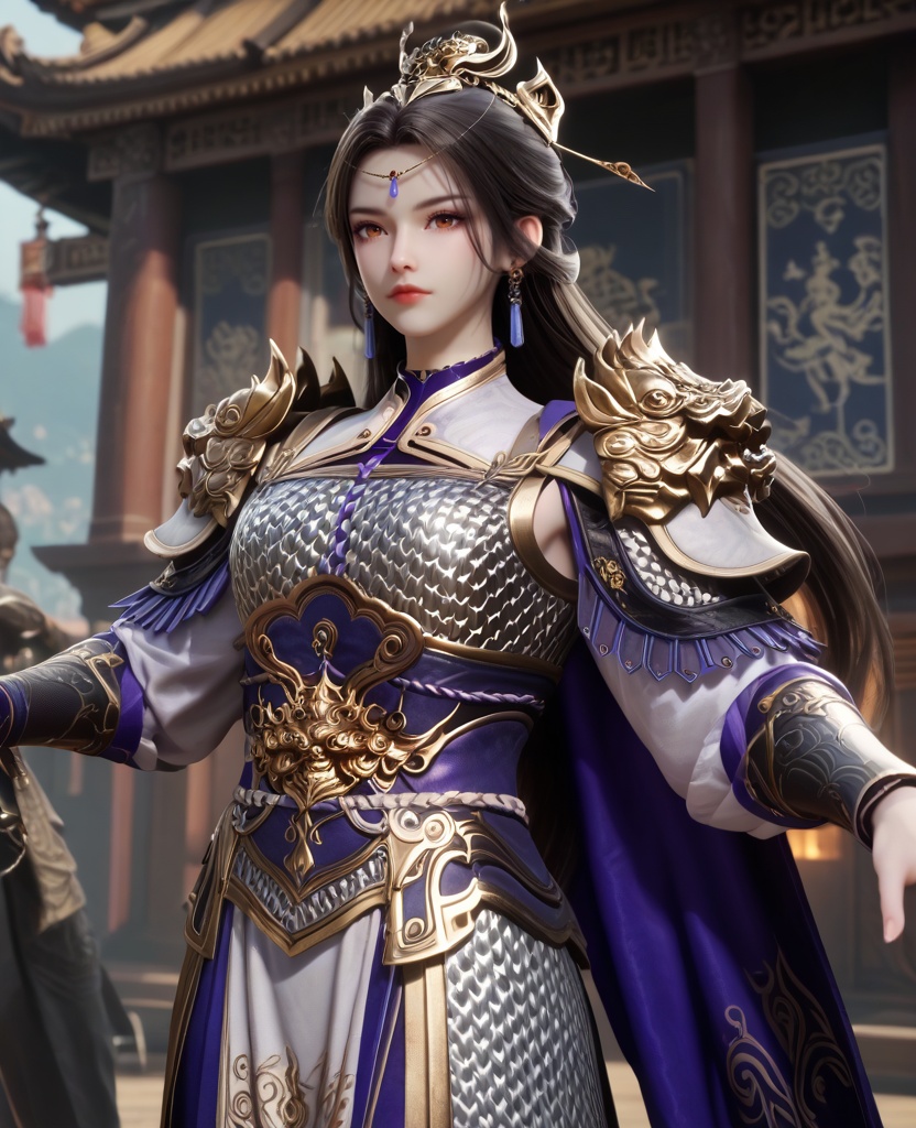 (oriental architecture, elegant decor, sophisticated style:1.1),(Leaning back with arms outstretched,:1.1),(breasts:1.2),<lora:XL16牧神记虞渊初雨:0.95>,female general,white armor,orange eyes,forehead pendan,black hair,very long hair,half-up braid with long cascading hair,earrings,pauldrons,vambraces,sash,faulds,purple cape,jambeau,, score_9,score_8_up,score_7_up,score_6_up,score_5_up,score_4_up,3d rendering,tag1,tag2, Cinematic Lighting,backlighting,