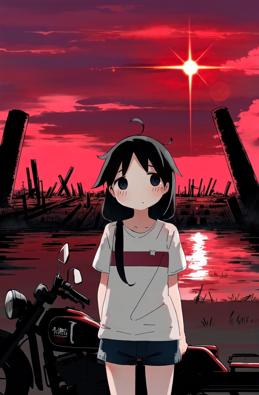 masterpiece,best quality,absurdres,1girl,red theme,t-shirt,shorts,ruins,black hair,motorcycle,red sky,red sky,sun,sunlight,standing,cowboy shot, 