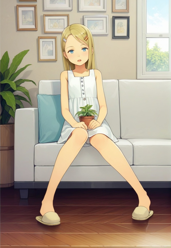(best quality), ((masterpiece)), (highres), illustration, original, extremely detailed,  <lora:疗愈天空:0.7>1girl, slippers, solo, couch, sitting, hair ornament, blue eyes, dress, plant, indoors, long hair, pants, wooden floor, hairclip, sleeveless, white dress, blonde hair, sleeveless dress, looking at viewer, open mouth, potted plant, female child, knees together feet apart, picture \(object\)