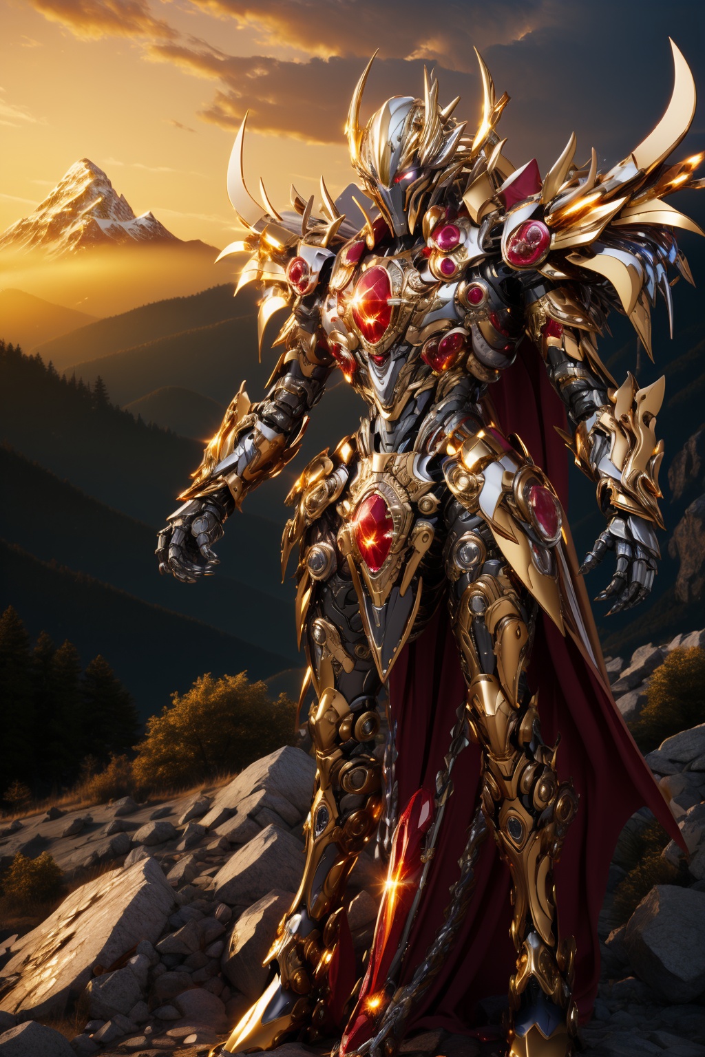 hjyzbrobot,big robo wings,mecha,(Raise legs high:1.2),robot sleek and smooth helmet,gold,glowing gold armor,masterpiece,best quality,(highly detailed),1girl,long hair,white hair,cyborg,(full body:1.2),day light,bright light,wide angle,shining sparks,(((ruby))),walking,sun set,(((mountain  background ))),<lora:hjyzbrobot-000007:0.8>,<lora:hjyrobo5-000010:0.5>,((glowing ruby)),wide angle,