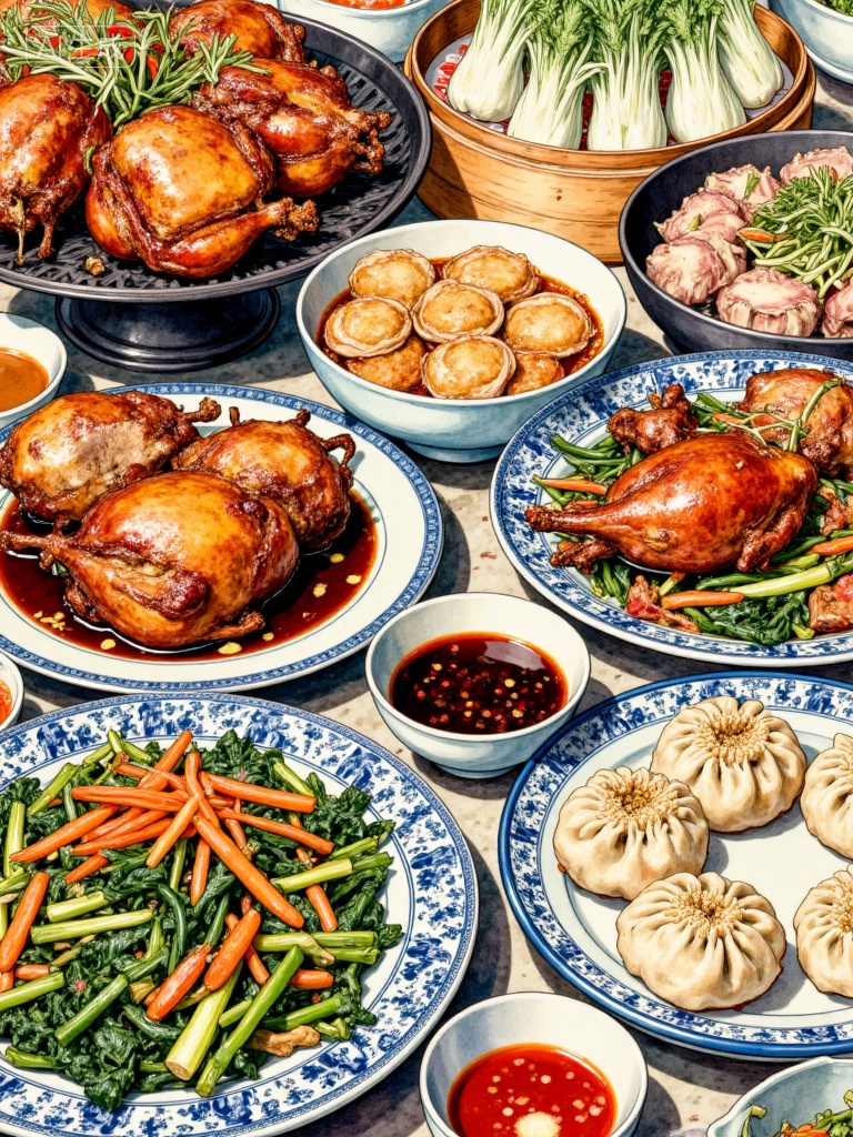 Realistic style of food illustration,(Chinese banquet illustration),, Main subject: A bountiful Chinese banquet table, , Dishes details: , Special dishes: Several roasted ducks (with vegetables, wraps), preserved vegetable braised pork (with lotus root slices), steamed dumplings (with chili sauce), , Vegetables: Stir-fried leafy vegetables (with carrot threads), , Tableware: Blue and white patterned Chinese porcelain plates, small bowls, accompanied by sauces (dark sauce, red chili sauce), , Style: Watercolor illustration, soft colors, delicate lines, highlighting the elegance and tradition of the Chinese banquet., Negative prompt: ng_deepnegative_v1_75t,(badhandv4:1.2),EasyNegative,(worst quality:2),,nsfw, Steps: 30, Sampler: Euler, CFG scale: 7.0, Seed: 2062096314, Size: 768x1024, Model hash: 8cba4f1ef4, Model: F.1基础算法模型-哩布在线可运行_F.1-dev-fp8.safetensors, Denoising strength: 0, RNG: CPU, Lora 1: 而已, Lora Hash 1: de715ed38f, Lora Weight 1: 0.8, vae_name: automatic