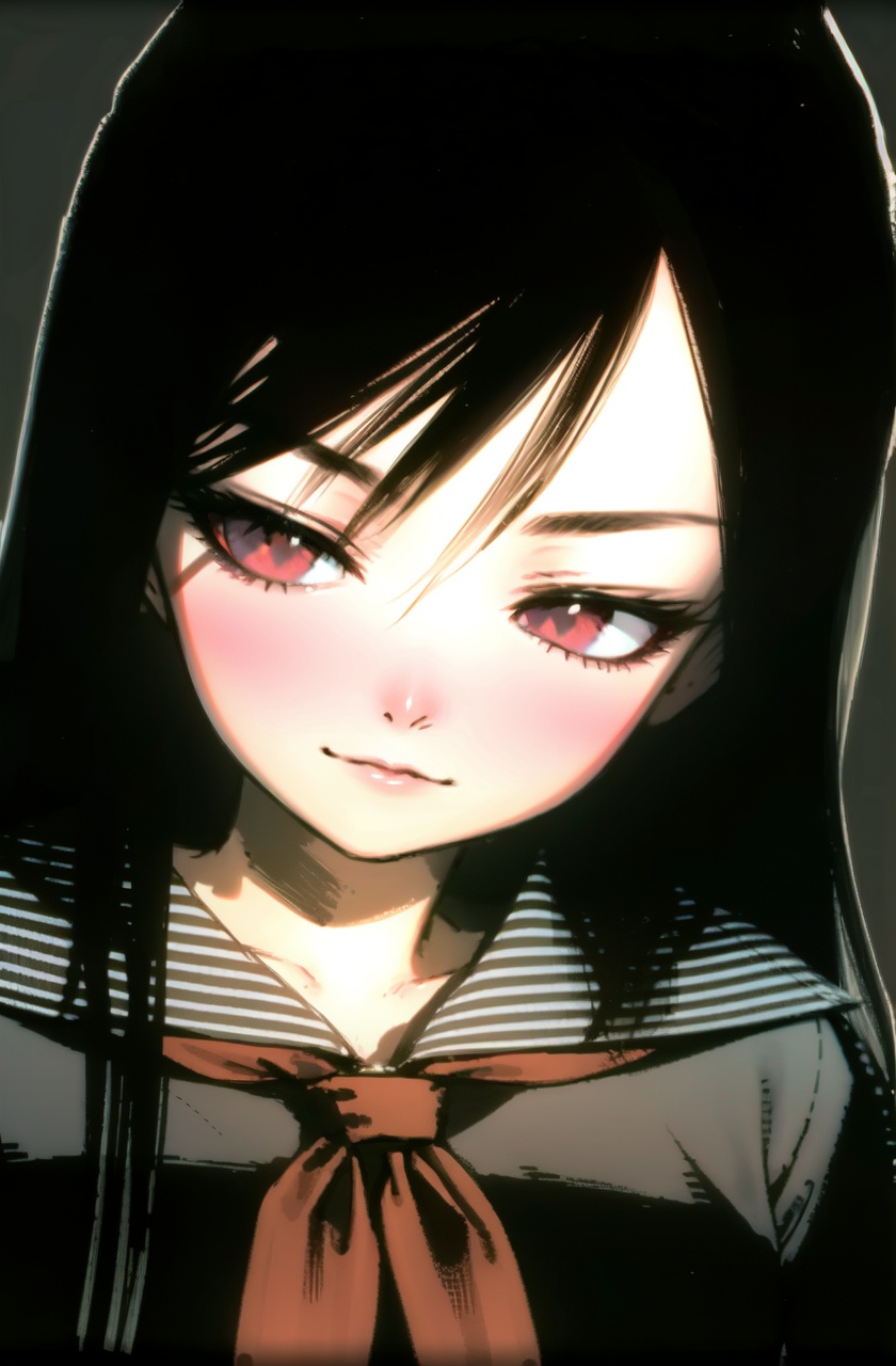 masterpiece,best quality,highres,1girl,solo,monochrome,upper body,greyscale,(noise:1.3),black background,red eyes,school uniform,hand on own cheek,evil grin,half-closed eyes,blood on face,dark,blood on clothes,