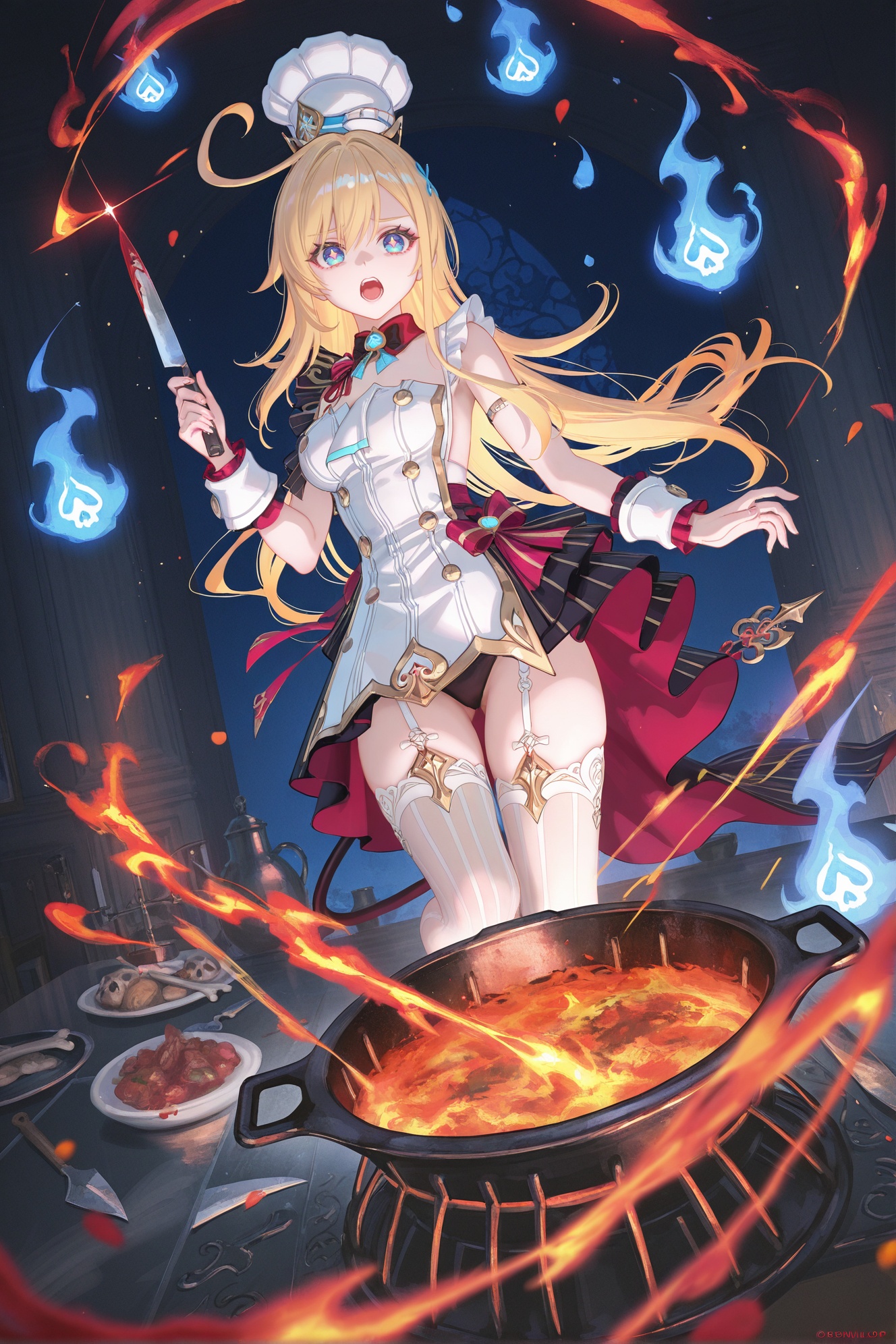 8k,best quality,masterpiece,(ultra-detailed),(high detailed skin),((artist:reoen),(artist:fuzichoco),(artist:atdan),(artist:torino_aqua),year 2024:0.8)1girl,[artist:wlop],[artist:ningen_mame],artist:ciloranko,[[artist:rhasta]],artist:tidsean,colorful,hell_kitchen,infernal_cuisine,demonic_cooking,cursed_ingredients,flaming_pan,shadow_flames,blood_sauce,skull_pot,bone_utensils,sacrificial_knife,forbidden_recipes,damned_chef,underworld_gastronomy,soul_grill,eternal_stew,damned_kitchen,underworld_restaurant,cursed_flames,necrotic_herbs,phantom_flames,damned_banquet,infernal_banquet,torture_kitchen,suffering_sous-chef,agony_grill,damned_condiments,hellfire_stove,torture_tools_(food),soul_ingredients,demonic_gastronomy,cursed_cookbook,screaming_ingredients,torment_toppings,damned_delicacies,underworld_provisions,infernal_pantry,suffering_sous-chef,damned_food_prep,eternal_culinary_torment,cursed_culinary_arts,<lora:escoffier-ill-Tanger-000013:0.8>,escoffier \(genshin impact\),clothes: escoffier def white and black dress,escoffier chef's hat,1girl,thighhighs,long hair,ahoge,blue eyes,escoffier fake devil tail,blonde hair,