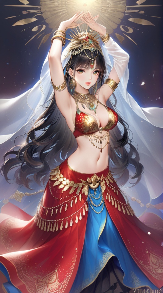 (best quality), ((masterpiece)), (highres), illustration, original, extremely detailed,<lora:DDCXL:0.7> 1girl, solo, jewelry, long hair, navel, black hair, necklace, armpits, earrings, veil, arms up, skirt, midriff, looking at viewer, long skirt, head chain, red skirt, breasts, dancer, armlet