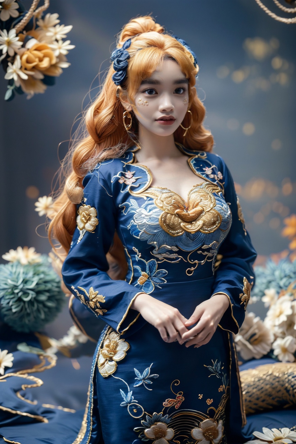 a blue and gold image of a Chinese Loong,realistic fine details,Chinese embroidery,:o,smile,a golden beard,holding hands in front of the chest,standing,full-size photograph,