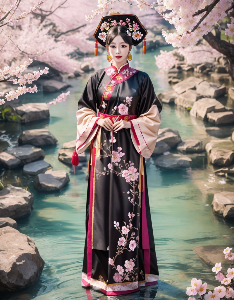 1girl,solo,flower,chinese clothes,jewelry,earrings,holding,hand fan,full body,hair ornament,long sleeves,petals,holding fan,hands cross,black hair,cherry blossoms,standing,hair flower,pink flower,dress,blurry,red lips,wide sleeves,floral print,hanfu,hat,looking at viewer,lips,updo,realistic,outdoors,animal print,day,shadow,<lora:qing dynasty1:0.8>,<lora:手指u:1>,masterpiece,best quality,8k,insane details,intricate details,hyperdetailed,hyper quality,high,