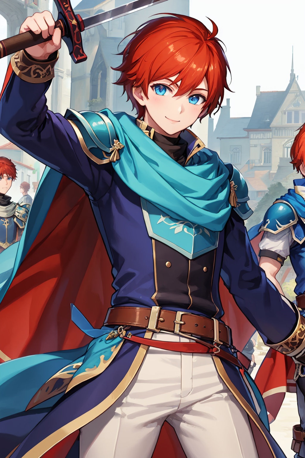 masterpiece,best quality, highly detailed, 2boys,cape,eliwood (fire emblem),father and son,male focus,smile,armor,blue armor,looking at viewer,sword,<lora:eliwood_(fire_emblem):1>