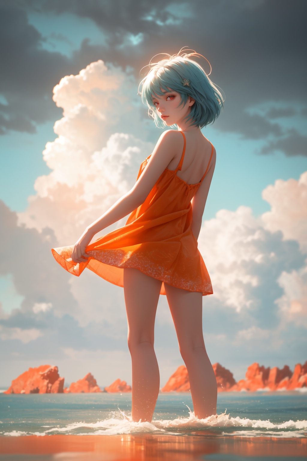 orange theme,depth of field,focused,foreshortening,(otherworldly, otherworldly atmosphere, otherworldly appearance),highly insanely detailed,masterpiece,top quality,best quality,highres,4k,8k,RAW photo,ayanami rei,1girl,solo,dress,short hair,sky,white dress,cloud,red_ocean,red eyes,outdoors,beach,blue hair,waves,red_water,barefoot,wading,looking at viewer,horizon,arms behind back,walking,bare shoulders,red theme,sleeveless,sundress,cloudy sky,blue sky,day,from side,bare legs,Romanticism,textured skin,(fantasy world),bioluminescence plankton,