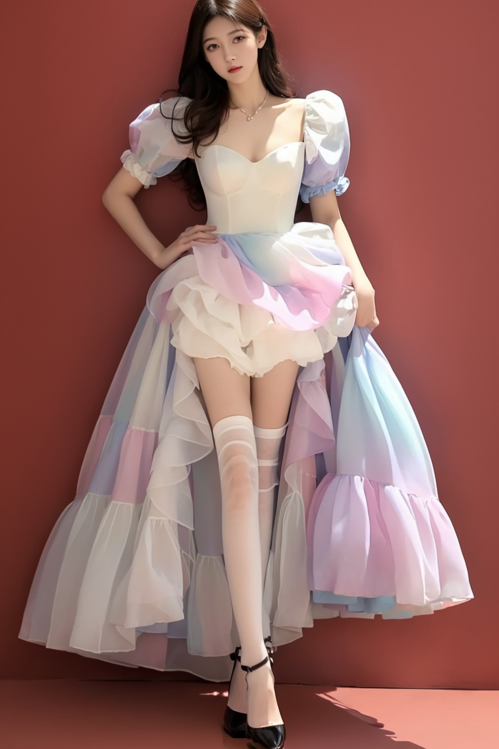 future001,solo,high-low skirt,dress,thigh,high heels,White pantyhose,red background,<lora:future0418-caihong:0.9>,, best quality,masterpiece,highres,official art,extremely detailed cg unity 8k wallpaper,