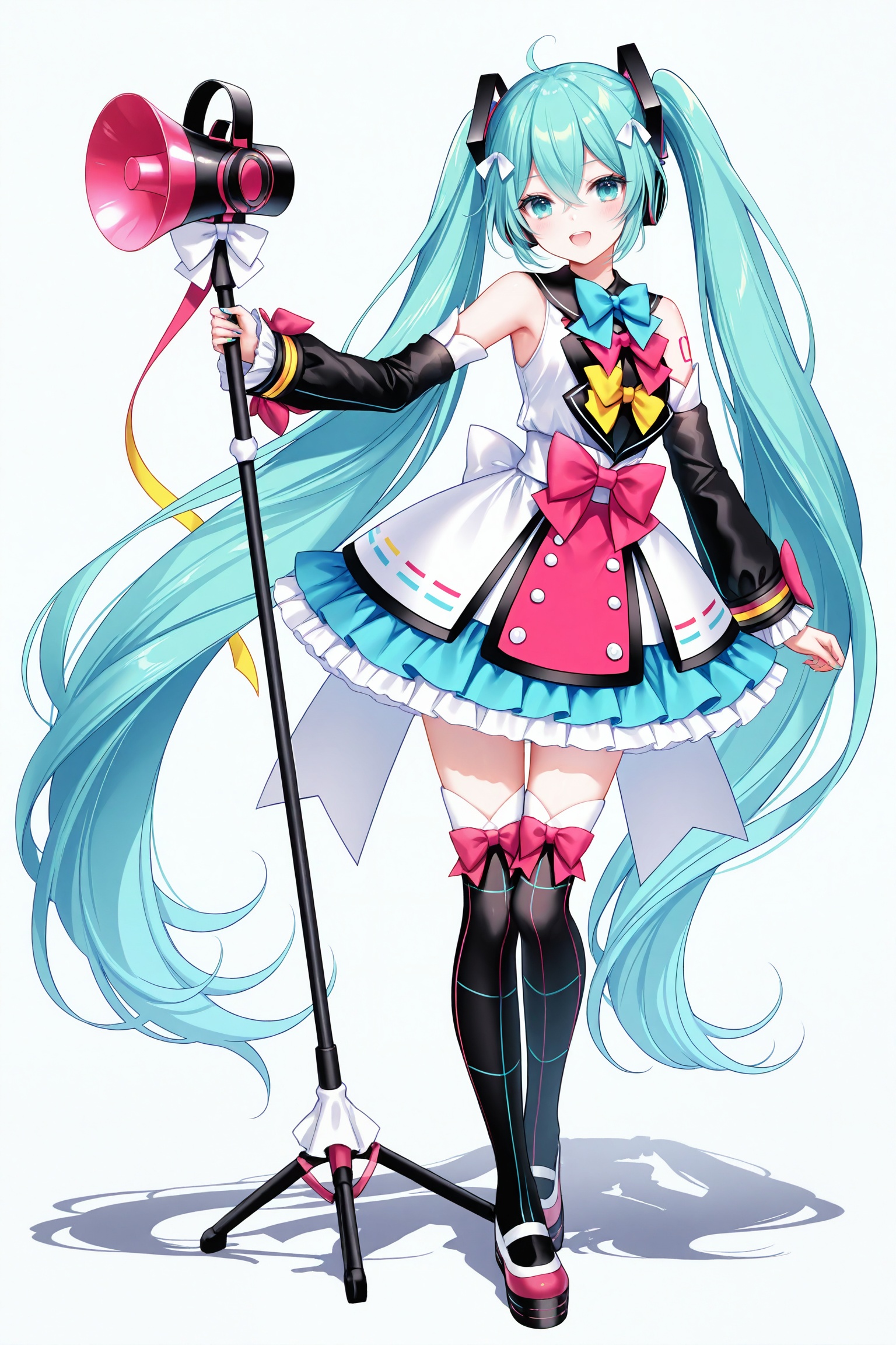 masterpiece,best quality,newest,absurdres,highres,soft shadows,photorealistic,(chen bin:0.5),(hiten \(hitenkei\):0.4),(rimuu:0.5),(mignon:0.5),(sheya:0.6),<lora:MMM2018XLNAI:1>,magical mirai miku \(2018\),black sleeves,ribbon,bowtie,headphones,uwabaki,hair ornament,detached sleeves,multicolored dress,frilled dress,blue bow,bow legwear,platform footwear,standing,full body,holding,