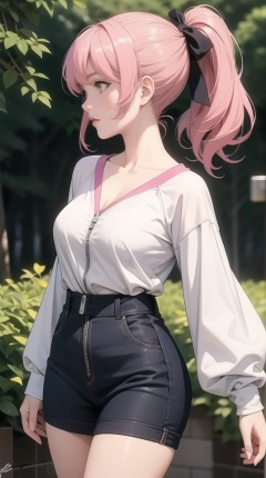 (best quality), ((masterpiece)), (highres), illustration, original, extremely detailed,1girl, jougasaki mika, solo, bow, pink hair, ponytail, breasts, blurry, hair bow, blurry background, buruma, outdoors, medium breasts, long sleeves, yellow eyes, sparkle, water, cowboy shot, zipper, signature, profile, depth of field, purple bow, long hair, day, looking afar, bangs, raglan sleeves, thighs, eyelashes, standing, floating hair