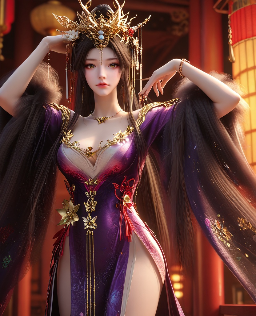 (one hand on her hip, one hand behind her head:1.1),(large breasts:1.2),<lora:XL16云深不知梦羲和醉蝶花:0.95>,miss xihe,purple gown,fur trim,mole under left eye,black hair,absurdly long hair,traditional chinese updo with long front strands,hair ornament,jewelry,floral embroidery,wide sleeves,, score_9,score_8_up,score_7_up,score_6_up,score_5_up,score_4_up,3d rendering,tag1,tag2, Cinematic Lighting,backlighting,