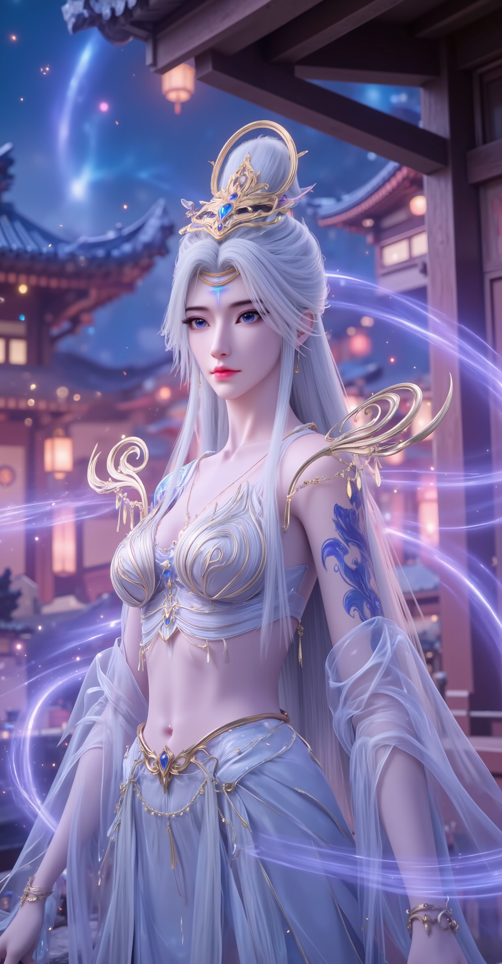 <lora:莫仙·10:1.1>,moxian,1girl,solo,long hair,blue eyes,hair ornament,white hair,jewelry,tattoo,blue tattoo,(cowboy_shot:1.1),crop_top,skirt,navel,tattoo,blue tattoo,1girl,architecture,long hair,hair ornament,dress,east asian architecture,white hair,solo,building,white dress,bare shoulders,lantern,night,detached sleeves,10,<lora:DJ滤镜_2.5D版:0.3>,lvjing,<lora:绚丽多彩·10:0.4>,guoman,close-up details,outstanding style,adding a touch of dimension to your images without compromising details,whirls of vapor,iridescent textures,(Anime:1.1),ethereal ambiance,delicate details,magical high-concept,32K UHD,sharp focus,best-quality,masterpiece,golden hour,unconventional supreme masterpiece,masterful details,temperate atmosphere,with a high-end texture,in the style of fashion photography,photography,cover,dynamic angle,dynamic posture,extreme aesthetic,masterpiece,best quality,good quality,very aesthetic,absurdres,visual impact,a shot with tension,ultra-high resolution,32K UHD,sharp focus,best-quality,masterpiece,emotionalization,unconventional supreme masterpiece,masterful details,temperate atmosphere,with a high-end texture,in the style of fashion photography,(visual impact:1.2),giving the poster a dynamic and visually striking appearance,impactful picture,official art,colorful,splash of color,movie perspective,masterpiece,best quality,amazing quality,very aesthetic,absurdres,best quality,newest,