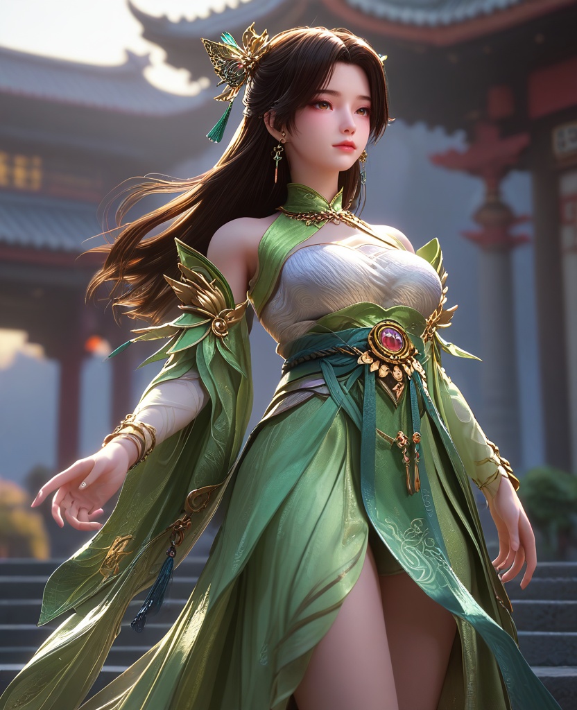(oriental architecture, elegant decor, sophisticated style:1.1),(Leaning back with stretched neck,:1.1),(Wide shot, capturing the subject and their full surroundings:1.1),(large breasts:1.2),<lora:XL16云深不知梦少女云望舒:0.95>,adolescent girl,green dress with tulle skirt,white bandeau,brown eyes,black hair,long hair,hair ornament,jewelry,sash,detached sleeves,bracelet,green shoes,, score_9,score_8_up,score_7_up,score_6_up,score_5_up,score_4_up,3d rendering,tag1,tag2, Cinematic Lighting,backlighting,