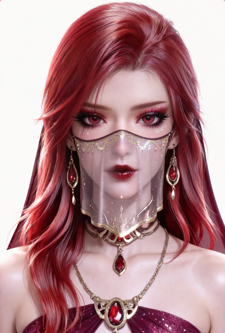 masterpiece,high quality,tall,game cg,highres,(soft light:1.2),white_skin,(shiny_skin:0.6),(realistic:1.1),<lora:马小桃·衣服百搭款·化妆:0.8>,maxiaotao,1girl,solo,earrings,jewelry,red hair,looking at viewer,red lips,makeup,long hair,white background,red eyes,eyelashes,simple background,eyeshadow,collarbone,lipstick,bare shoulders,realistic,mascara,glitter,1girl,solo,veil,long hair,chain,mouth veil,jewelry,looking at viewer,necklace,arabian clothes,crop_top,skirt,harem outfit,25,