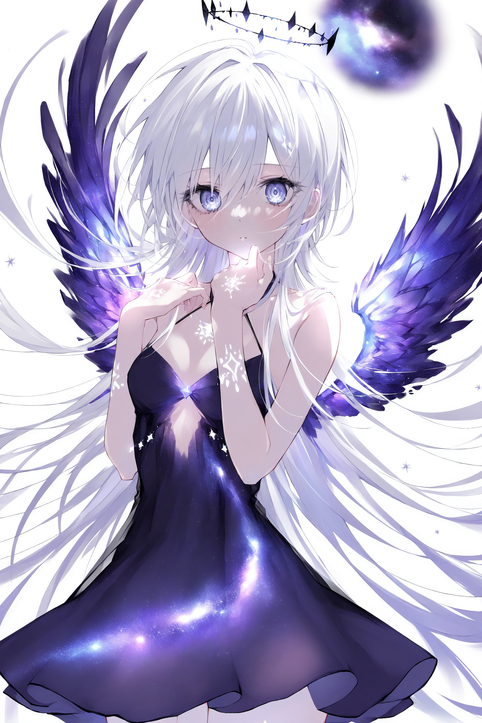 (illustration),(detailed light),(an extremely delicate and beautiful),((solo)),((cowboy shot)),(((a beautiful girl))),((small_breasts)),((looking at viewer)),(galaxy adorns colorful wings),(((starry_wings,galaxy_wings):1.5)),(Glowing line tattoos),(galaxy adorns colorful dress),(Glowing halo),(beautiful eyes),white hair,[(white background:1.7):white background:5],((standding))<lora:n11espSi10ra画风0.1版本XL:1>,siraxlhf