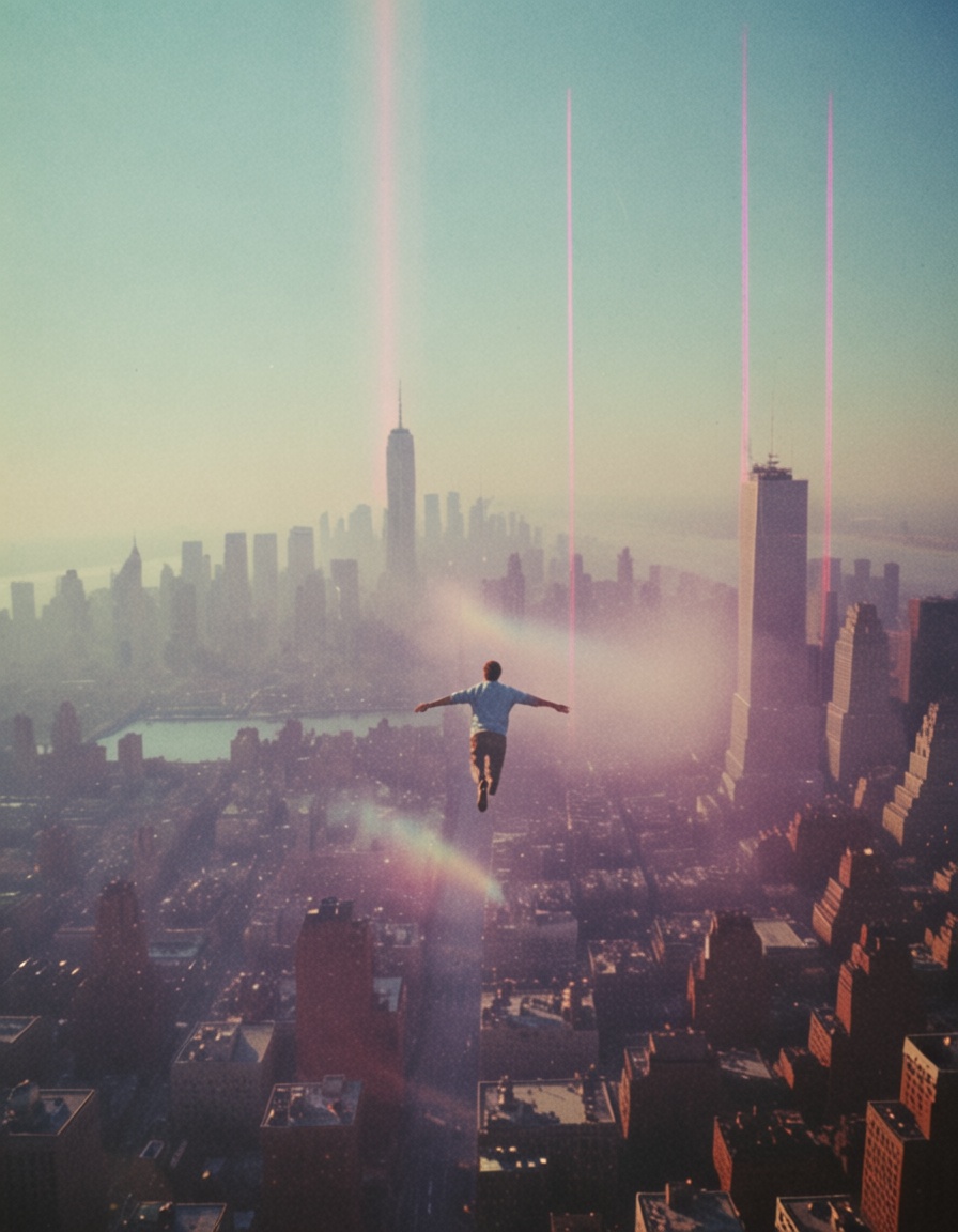 eh80retrofilms,  man levitating over new york,  twin towers on Tensor.Art