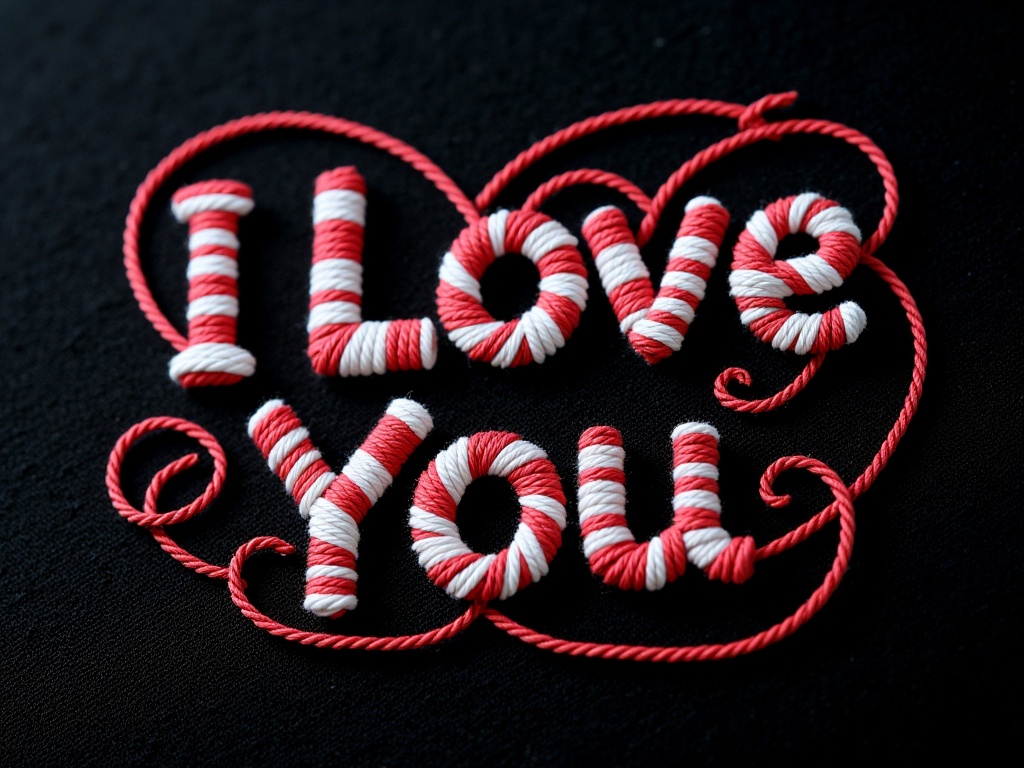 IPBD,This is a photograph of a black fabric with the word "I Love You" embroidered in red and white thread. The letters are intricately woven,creating a heartwarming,textured design. The background is solid black,making the vibrant blue and white threads stand out prominently. The style is modern and minimalist,focusing on the heartfelt message.,