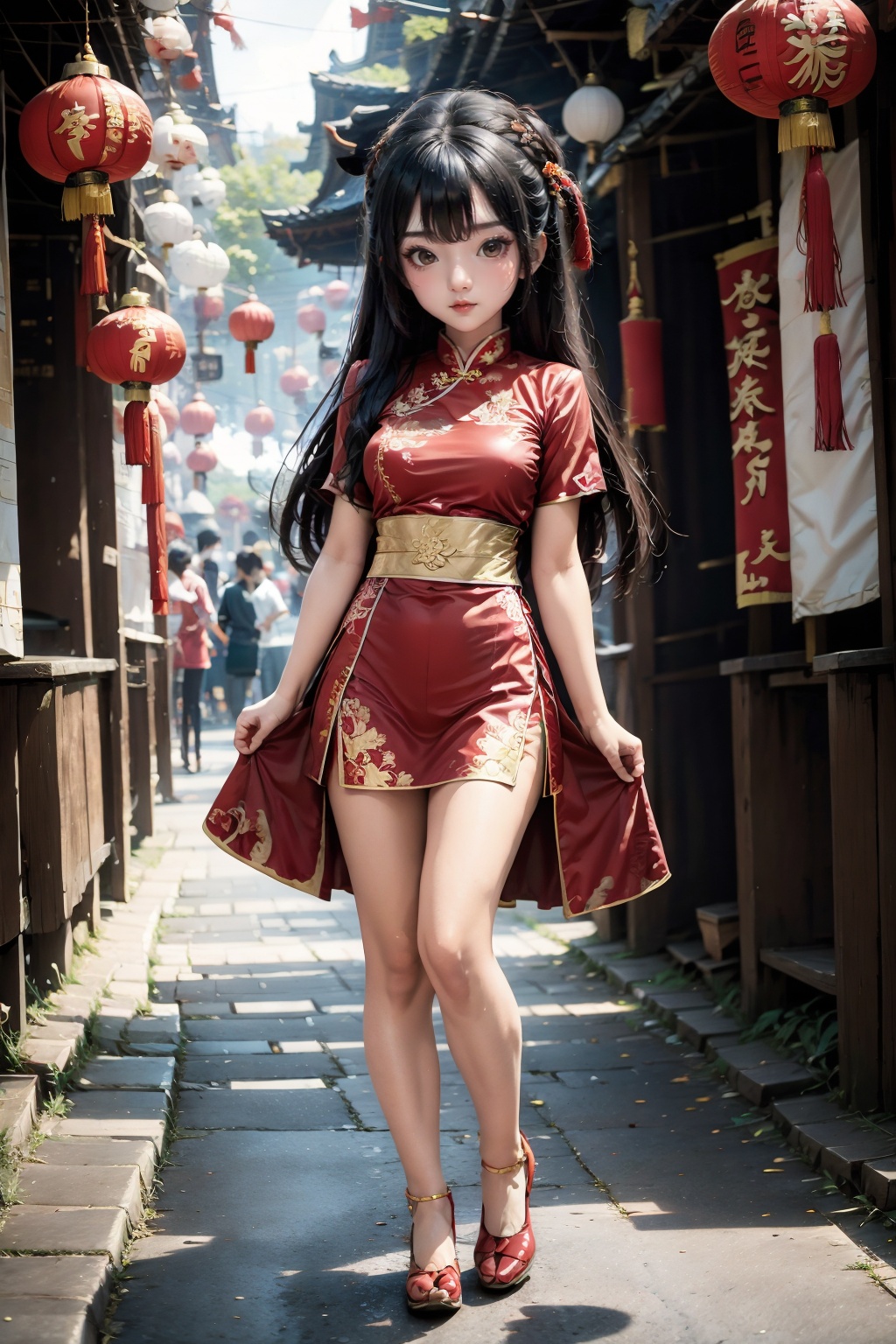 <lora:ChineseNewYear:0.8>, chinese new year, girl, (smirk:-0.4), long hair, arms at sides, red chinese clothes, paper lantern, full body, leather shoes, (chibi:0.2),