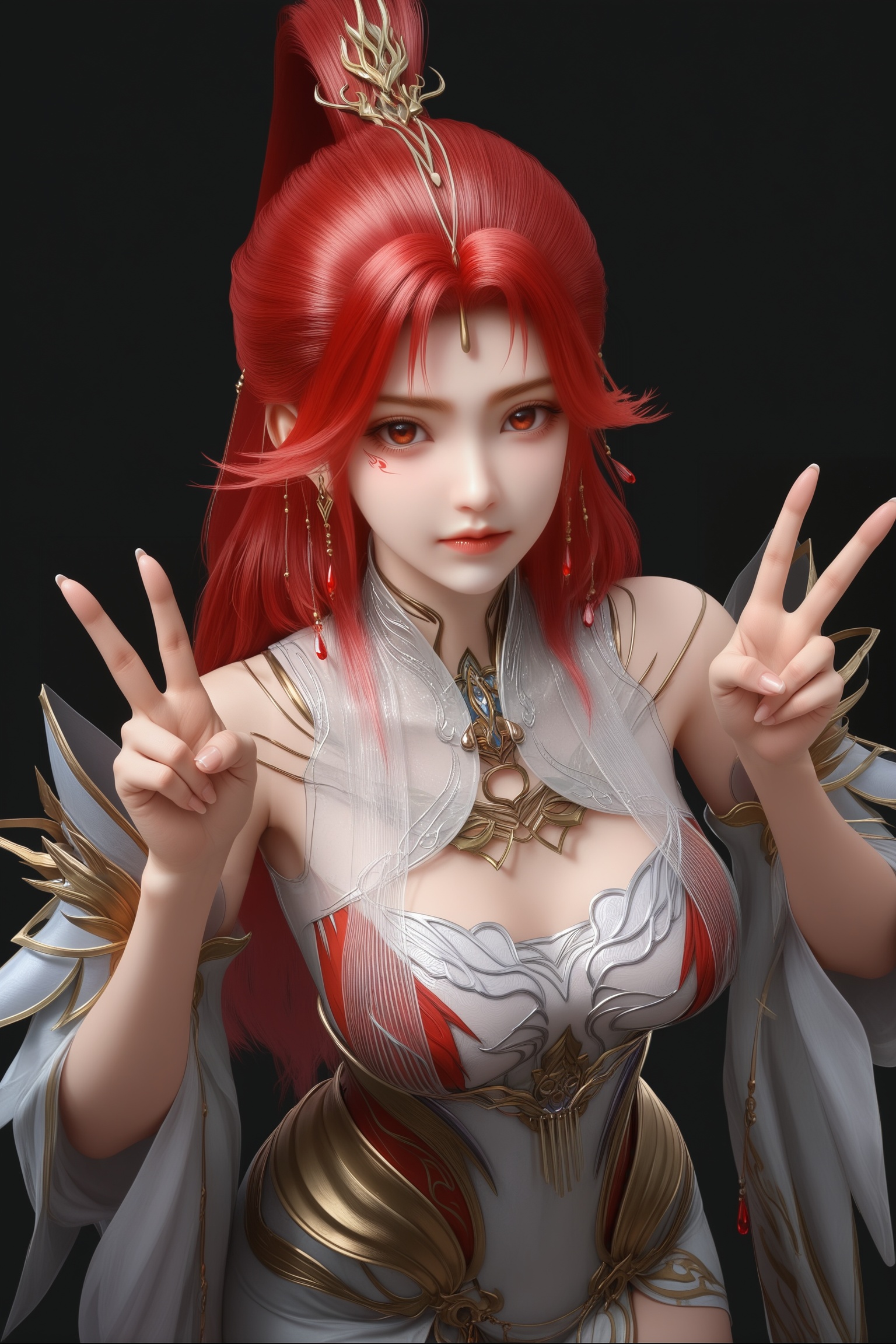masterpiece,best quality,absurdres,highres,1girl,solo,<lora:火允儿-ill-000009:0.83>,huoyuner,red hair,long hair,high ponytail,makeup,BREAKcollarbone,sheer overlay,bare shoulders,sheer collar,high collar,jewelry,hair ornament,dangling earrings,red gemstone,forehead decoration,detached sleeves,fantasy dress,long skirt, looking at viewer,front view,curvy,(double_v:1.1),BREAK(white_skin:1.1),(fair_skin:1.1),simple background,black background,