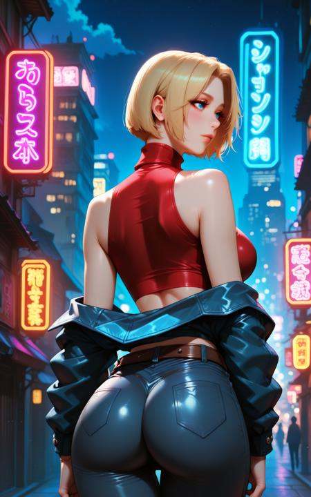 ilbmary, 1girl, breasts, blonde hair, short hair, solo, blue eyes, night, bare shoulders, neon lights, crop top, outdoors, sleeveless, jacket, off shoulder, night sky, pants, large breasts, city, sky, parted bangs, turtleneck, back, from behind, lips, belt, building, ass<lora:illustrious- Blue Mary-1024x1600:1>, red top, extra belt