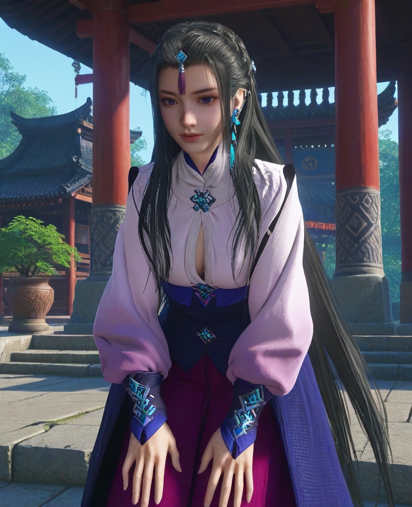 (oriental architecture, elegant decor, sophisticated style:1.1),(Leaning forward with hands on knees,:1.1),(breasts:1.2),<lora:XL16古剑奇谭三云无月:0.95>,miss yunwuyue,pinkish white tunic,blue peplum overskirt,red violet petticoat,blue violet eyes,forehead pendan,black hair,very long hair,cornrows with long front strands,hair ornament,single earring,wristband,, score_9,score_8_up,score_7_up,score_6_up,score_5_up,score_4_up,3d rendering,tag1,tag2, Cinematic Lighting,backlighting,