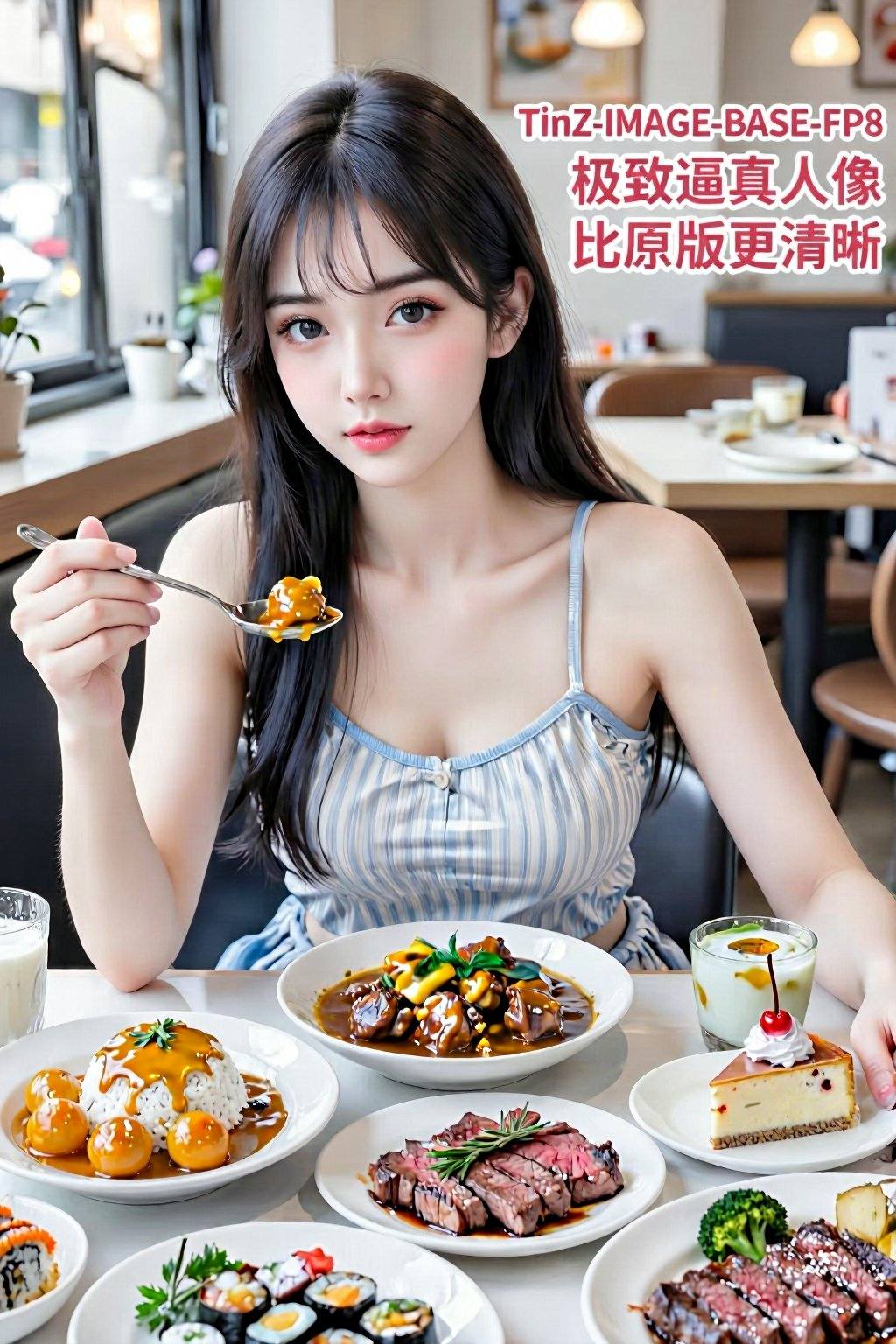 一位大约18岁的年轻亚裔女性坐在桌旁，面向观众。她留着齐刘海的黑色长发，皮肤白皙，眼神温柔，一双明亮的大眼睛格外引人注目。她穿着一件浅蓝色和白色条纹的无袖上衣，里面是一件细肩带背心。她容貌姣好，皮肤白皙，手上拿着一把盛满食物的勺子。桌上摆满了各种美味佳肴，包括咖喱鸡饭、芝士球、芝士排骨、芝士蛋糕、牛排、寿司等等。背景是一家餐厅，这是一张人像照片。图片右上角标注，第一行“TinZ-IMAGE-BASE-FP8”；第二行“极致逼真人像”；第三行“比原版更清晰”；红色文字带白色边框，文字右边对齐。 <lora:20260210_TinZIACLora:0.7>