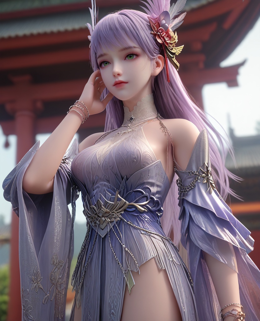 (oriental architecture, elegant decor, sophisticated style:1.1),(hands on face:1.1),(breasts:1.2),<lora:XL16克金玩家林紫玥:0.95>,miss linziyao,lavender dress,green eyes,decorative left eye foils,lilac hair,long hair,hair ornament,bare shoulders,detached sleeves,jewelry,sash,bracelet,white socks with embroidery,, score_9,score_8_up,score_7_up,score_6_up,score_5_up,score_4_up,3d rendering,tag1,tag2, Cinematic Lighting,backlighting,, zPDXL3, zPDXL2,zPDXL, zPDXLxxx, zPDXLrl,