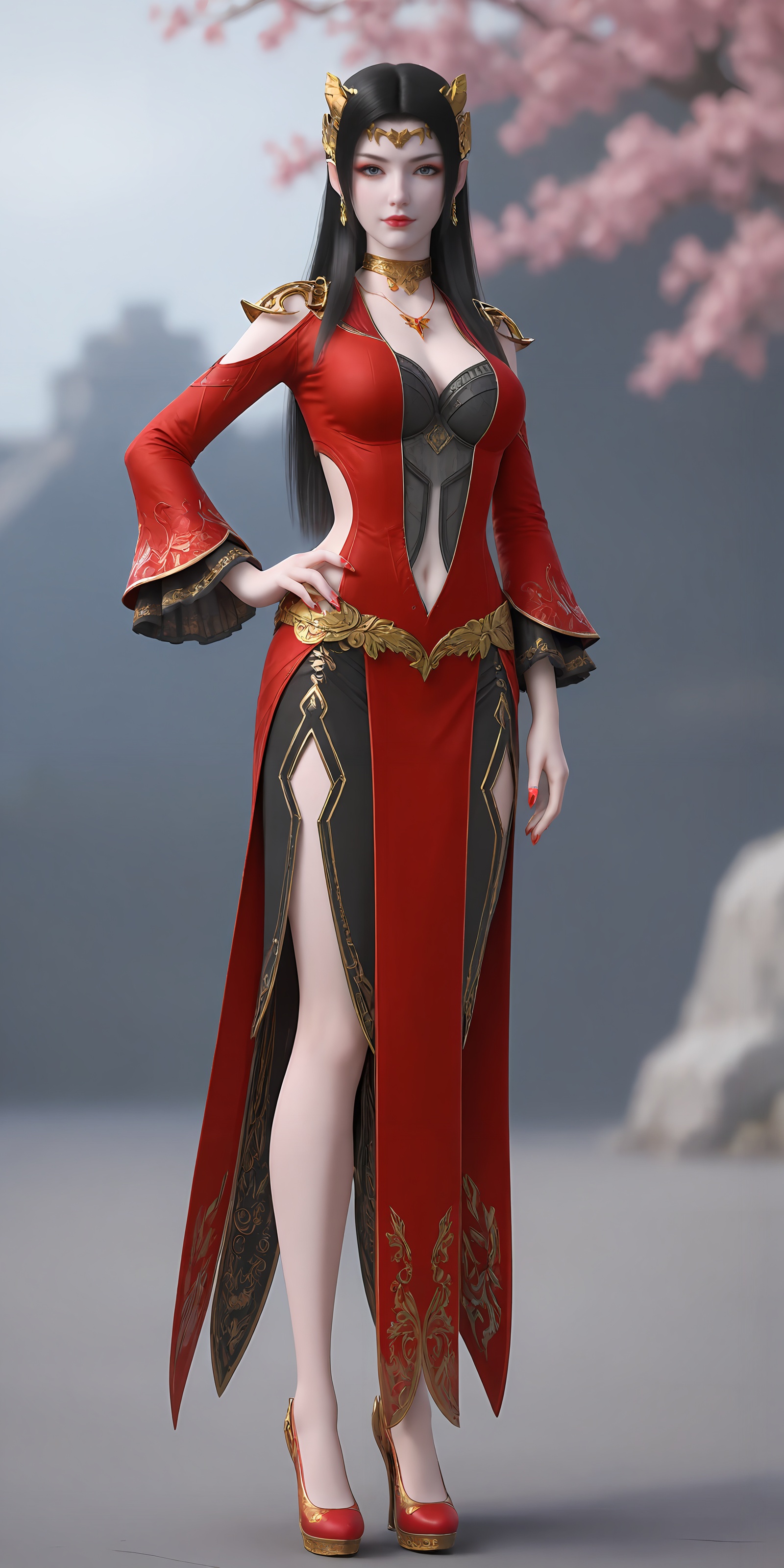 <lora:美杜莎pony-000013:0.6>,meidusha,1girl,solo,jewelry,dress,black hair,red dress,full body,clothing cutout,long hair,earrings,hand on own hip,red footwear,breasts,high heels,red nails,necklace,navel cutout,hair ornament,standing,looking at viewer,navel,depth of field,masterpiece,best quality,very aesthetic,2024,2023,perfect composition,ultra-detailed,extreme aesthetic,(quasarcake:0.7),masterpiece,best quality,good quality,newest,year 2024,year 2023,very aesthetic,absurdres,looking_at_viewer,colorful,