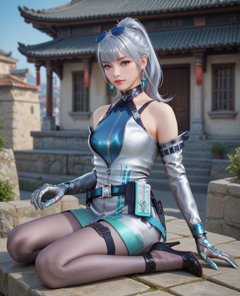 (oriental architecture, elegant decor, sophisticated style:1.1),(Lying supine, one knee bent, with a hand gently touching her collarbone, she exudes an inviting sensuality:1.1),(breasts:1.2),<lora:XL16穿越火线王者雾蒙蒙保卫者:0.95>,miss wumengmeng,short silver dress,blue corset,silver hair,ponytail,long hair,sunglasses,earrings,elbow gloves,belt,holstered,pantyhose,black heels,, score_9,score_8_up,score_7_up,score_6_up,score_5_up,score_4_up,3d rendering,tag1,tag2, Cinematic Lighting,backlighting,, zPDXL3, zPDXL2,zPDXL, zPDXLxxx, zPDXLrl,
