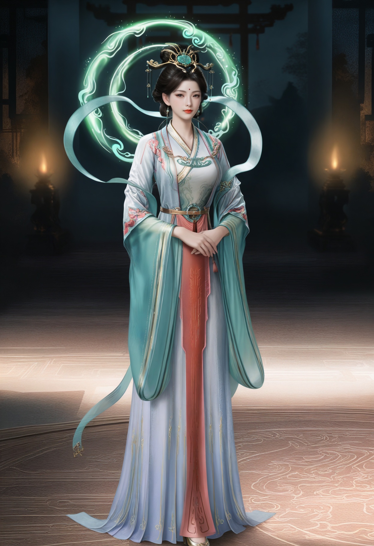 masterpiece,best quality,amazing quality,very aesthetic,high resolution,ultra-detailed,absurdres,scenery,photorealistic,(looking at viewer:1.1),(Dark room:1.3),(moody lighting:1.1),peach blossom,falling petals,(large breasts:0.8),xiwangmu,1girl,solo,black hair,hair ornament,jewelry,earrings,chinese clothes,forehead mark,light particles,swirling aura,realistic,hair bun,shawl,hanfu,red lips,long sleeves,closed mouth,high heels BREAK photorealistic details,<lora:QQSillxiwangmuV1:0.8>,