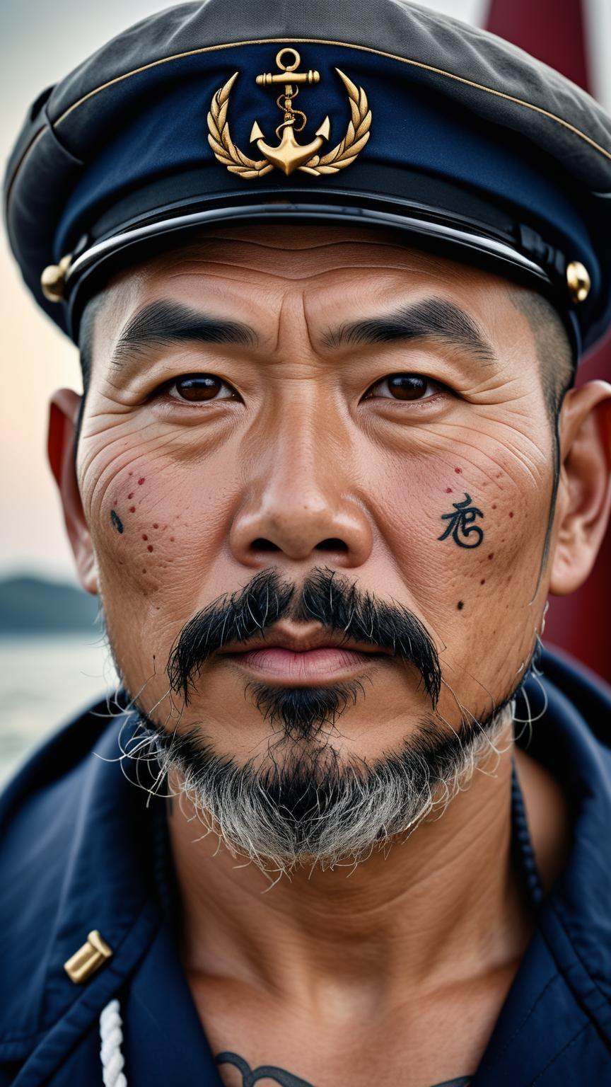 Hyper detailed photo of a captivating portrait of a wise and weathered middle aged sailor, photo of a sailor, ultra realistic photo, 44 years old asian male, goatee, adorned with nautical tattoos and a rugged expression that tells tales of countless voyages, award winning realistic photograph by the world best portrait photographer, overcast day, vivid fantasy colors, nikon, award winning, breathtaking, groundbreaking, superb, outstanding, lens culture landscape awards, photoshopped, evenly lit features, 8k, hi res