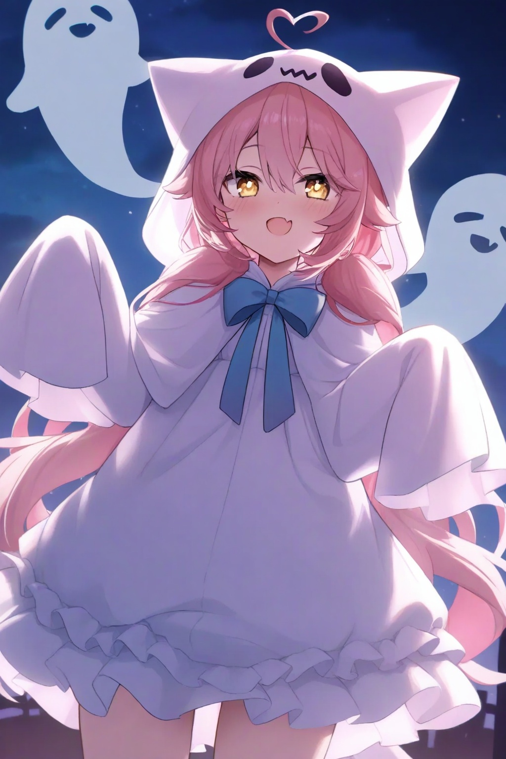 1girl,heart ahoge,dress,long hair,fang,ghost,sleeves past wrists,hood,yellow eyes,twintails,looking at viewer,sleeves past fingers,solo,white dress,low twintails,blue bow,ghost costume,frilled dress,frills,bow,ahoge,open mouth,night,skin fang,white hair,blush,long sleeves,pink hair,outdoors,very long hair,smile,blue bowtie,hair between eyes,sky,animal hood,night sky, <lora:light_cyan:1>