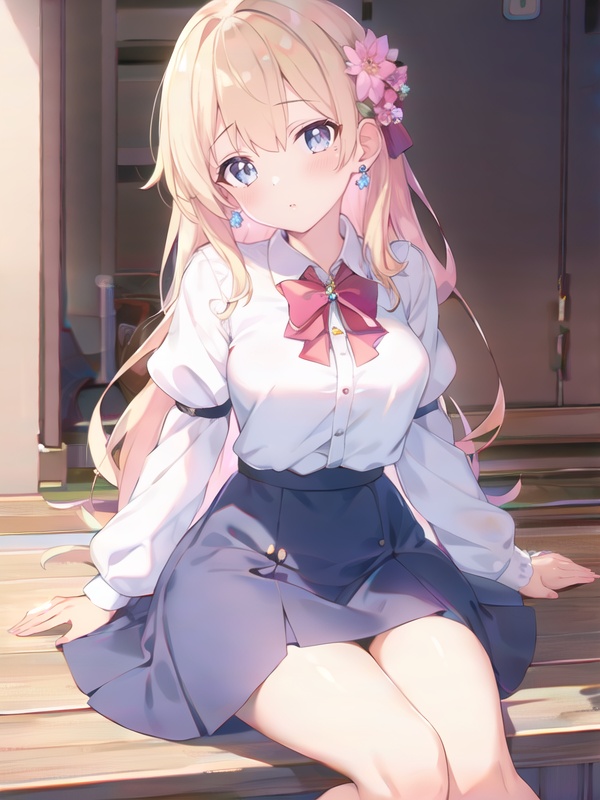 1girl,solo,long hair,looking at viewer,blue eyes,skirt,blonde hair,shirt,long sleeves,jewelry,sitting,closed mouth,white shirt,flower,earrings,puffy sleeves,lips,blue skirt,head tilt,grey eyes,wavy hair,blouse,pink flower,purple skirt,long skirt,meiren,, (masterpiece,best quality,ultra_detailed,highres,absurdres:1.2)