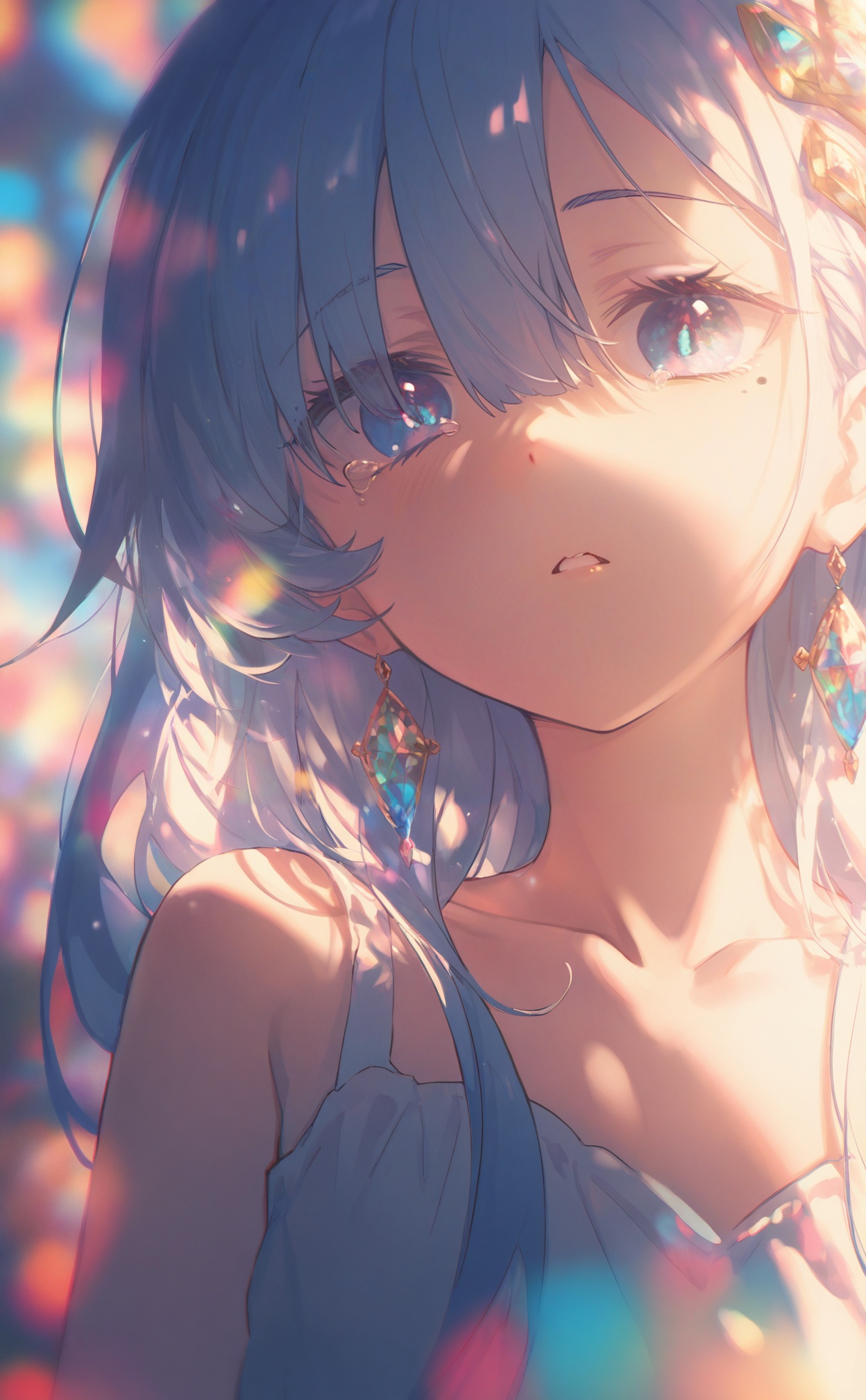 masterpiece,very aware,highres,absurdres,newest,best quality,loli,petite,high quality,chromatic_aberration,//,illustration,ultra detailed,hdr,Depth of field,(colorful),loli,1girl,solo,long hair,hair ornament,collarbone,looking at viewer,blue eyes,jewelry,parted lips,hair between eyes,earrings,bare shoulders,portrait,mole under eye,blue hair,mole,tears,//,<lora:konya_karasue——【noob】hans:0.8>,