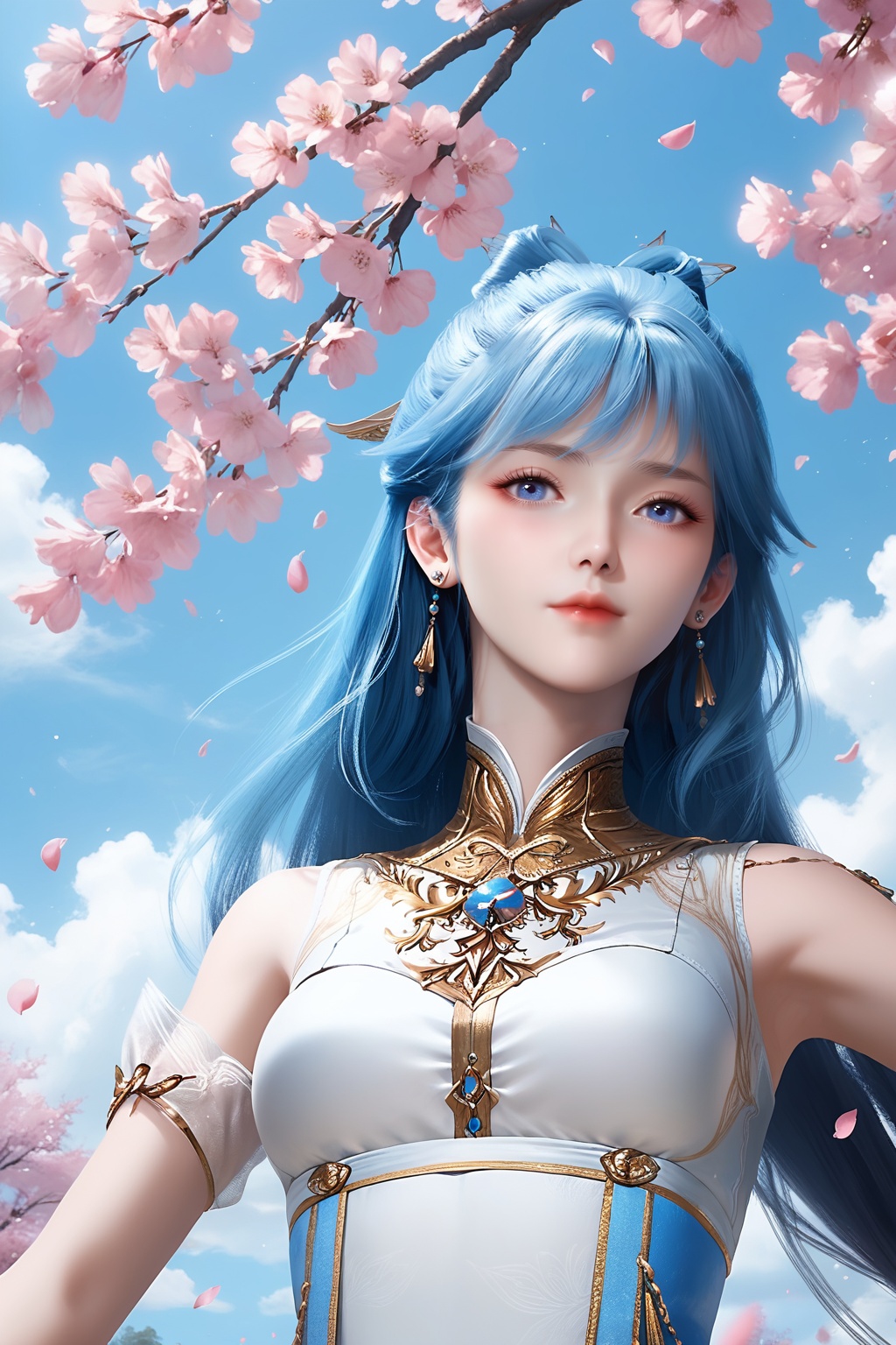 1girl,solo,upper body,flower,dress,sky,earrings,hair ornament,blue sky,long hair,jewelry,petals,looking at viewer,cherry blossoms,branch,falling petals,medium breasts,blue eyes,<lora:wy_tangwutong_XL1.2:0.8>,blue hair,, score_9,score_8_up,score_7_up,score_6_up,score_5_up,score_4_up,