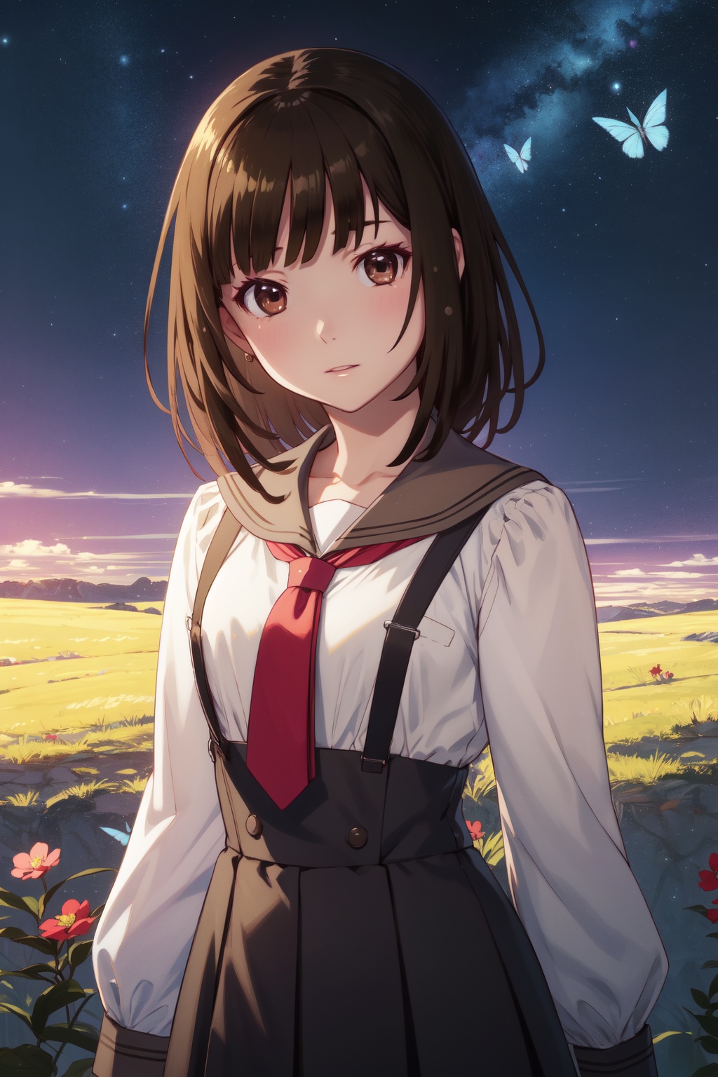 <lora:Nadeko-000013:0.8>,Nadeko cyql,1girl,looking at viewer,solo,brown hair,medium hair,blunt bangs,brown eyes,school uniform,long sleeves,necktie,high-waist skirt,suspender skirt,sailor collar,shirt,red necktie,white shirt,Angry, tightened jaw, squinted eyes, and raised eyebrows.,full_shot,beautiful face,beautiful eyes,glossy skin,shiny skin,Meadow, Flowers, Grass, Alps, Sunshine, Breeze, Butterflies, Melting snow,(Lavender rows, Moonlit landscape, Lavender fragrance, Nighttime glow, Midnight stroll, Provencal charm:0.6),beautiful detailed sky,beautiful detailed glow,posing in front of a colorful and dynamic background,masterpiece,best quality,beautiful and aesthetic,contrapposto,female focus,wallpaper,fashion,