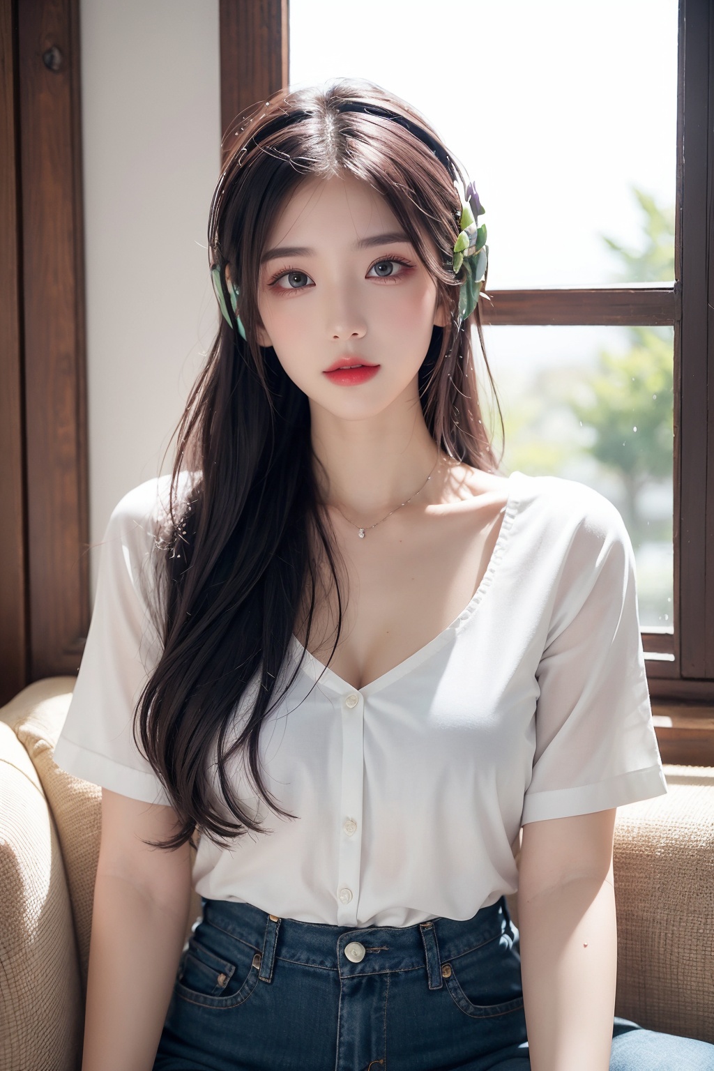1girl, earmuffs, headphones, headset, indoors, lips, long hair, shirt, sitting, solo, white shirt, window <lora:耳机:0.8>