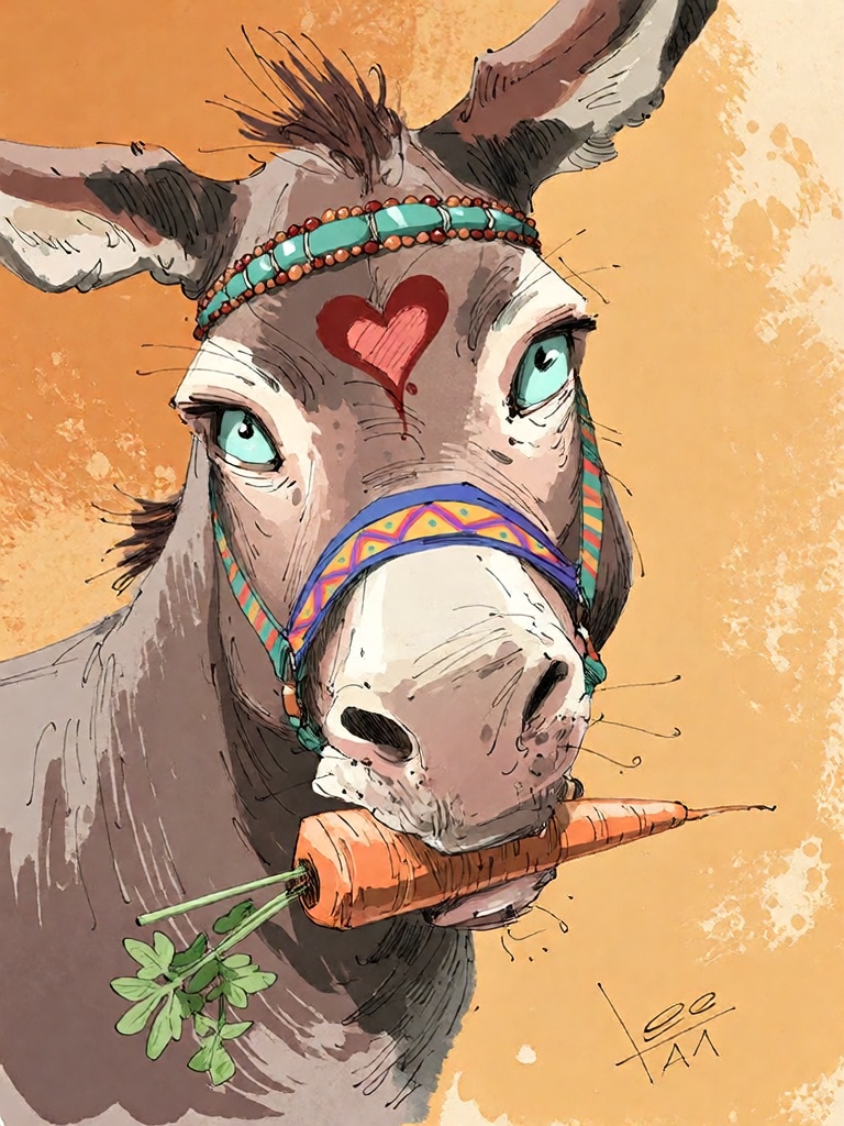 Bradhamel art style. A whimsical close-up illustration of a stylized donkey with large,  expressive teal eyes and a red he...