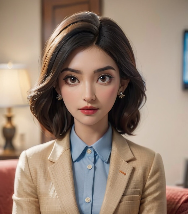 earrings,jewelry,1girl,solo focus,brown hair,looking at viewer,buttons,blurry,realistic,brown eyes,blurry background,lips,upper body,shirt,red lips,suit,white shirt,closed mouth,(black suit),lipstick,makeup,depth of field,big head,white skin,indoors,masterpiece,best quality,8k,insane details,intricate details,high detail,((masterpiece)), ((best quality)),