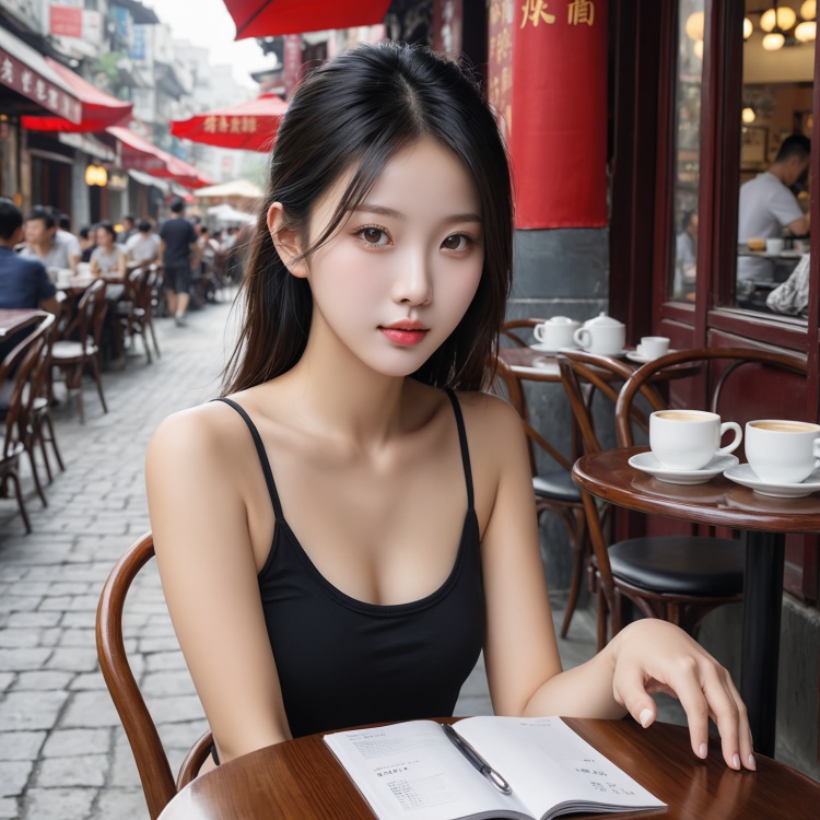 photorealistic,chinese,1girl,acrossed a table,cafe,