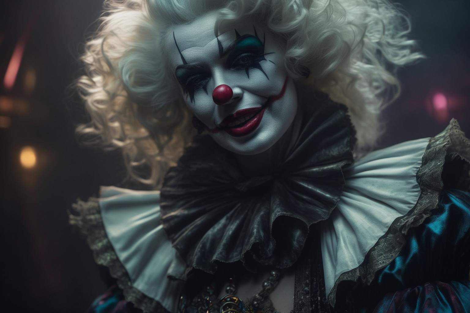 close up of a scary marilyn monroe cyberpunk clown on a Circus background bycircus background,  a character portrait,  tre...